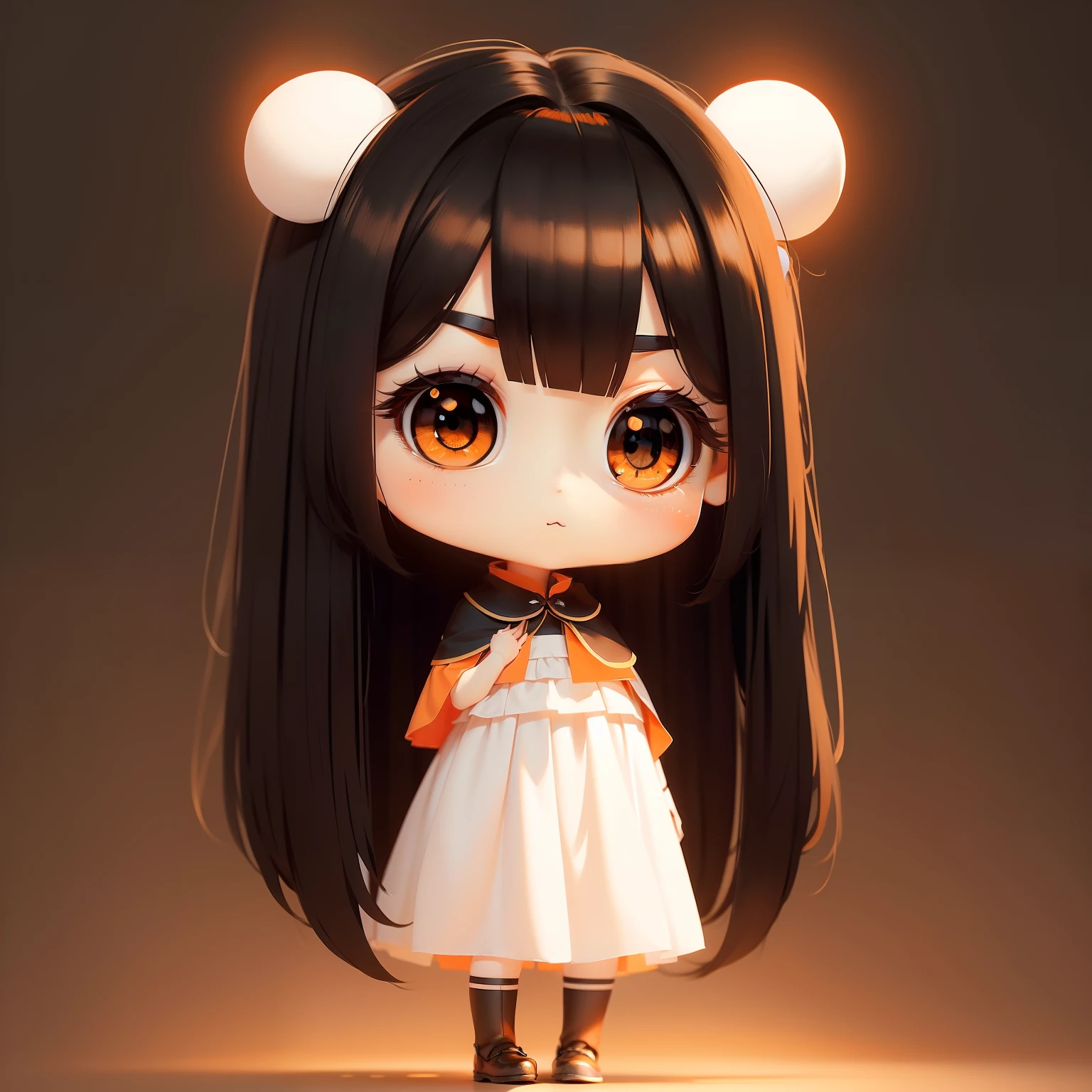 masterpiece、detaileds、Soft lighting、Long black-haired rabbit eared girl、Orange-eyed chibi、white backgrounid、simple background、
