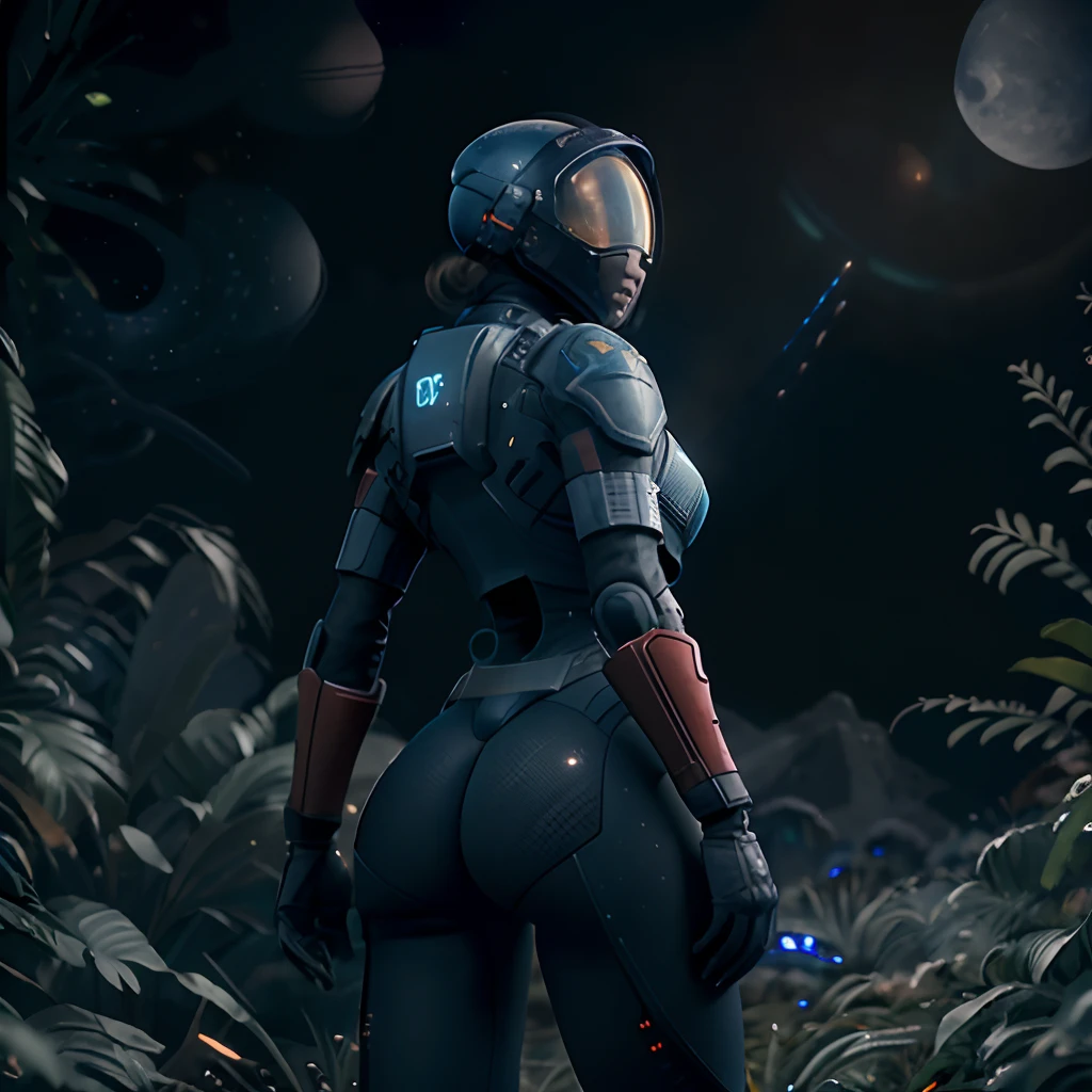 Highly detailed RAW color Photo, Rear Angle, Full Body, of (female space marine, black and red carbon fibre suit, (space helmet), accentuated booty), outdoors, (looking up at bright blue moon), on exotic alien alien planet, toned body, big butt, (sci-fi), (mountains:1.1), (two moons in sky:0.8), (highly detailed, hyperdetailed, intricate), (lens flare:0.7), (bloom:0.7), particle effects, raytracing, cinematic lighting, shallow depth of field, photographed on a Sony a9 II, 50mm wide angle lens, sharp focus, cinematic film Prometheus