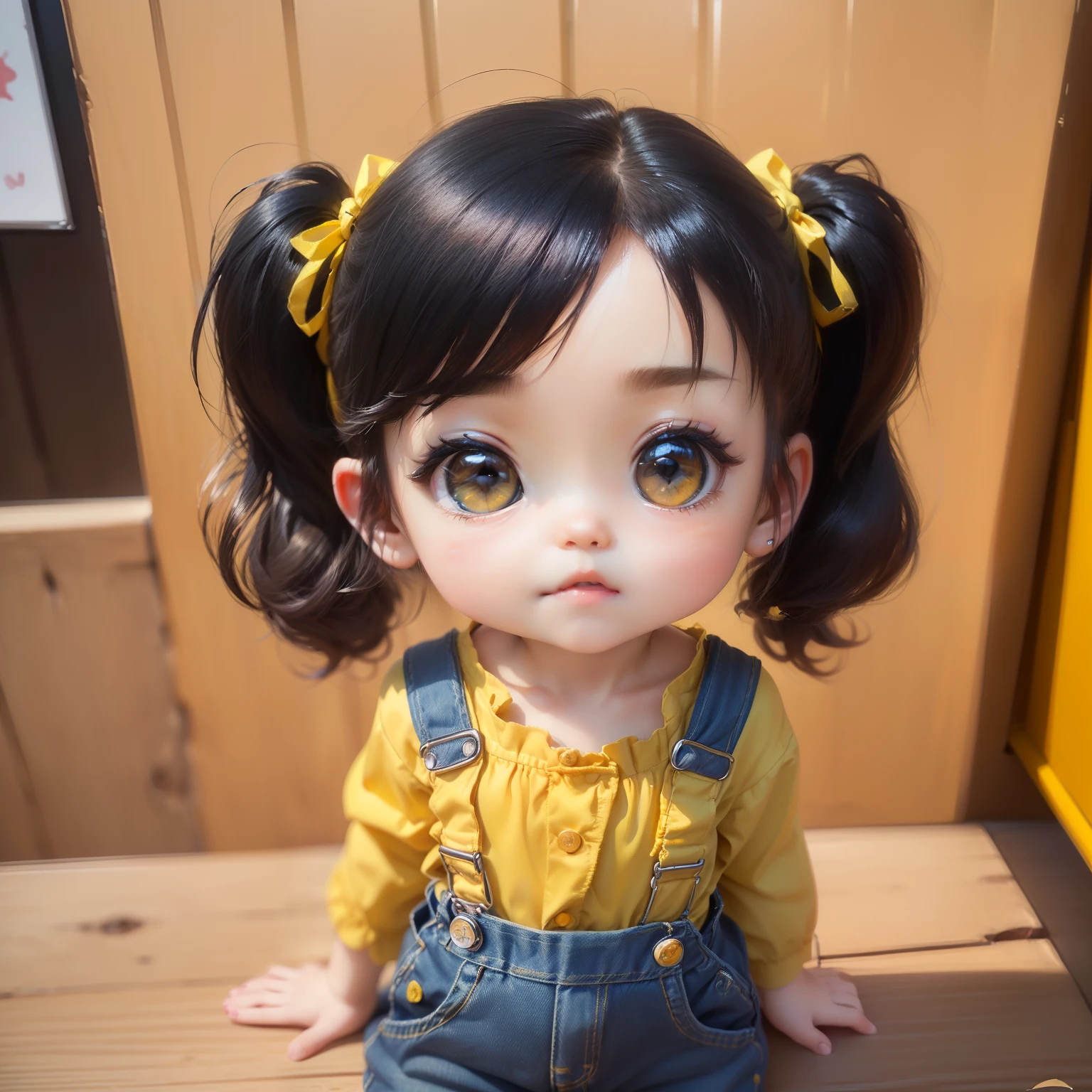 There was a girl sitting in a chair,Hold the remote control, pigtails hairstyle, she has a cute expressive face, twintails hairstyle, wan adorable korean face, 2 years pigtails hairstyle, with black pigtails, ruan cute vtuber, She smiled,Very excited, she has a cute face, adorable smile, short pigtails hair,(3D),(Full body),(Chibi T-Shi)(Smileing)