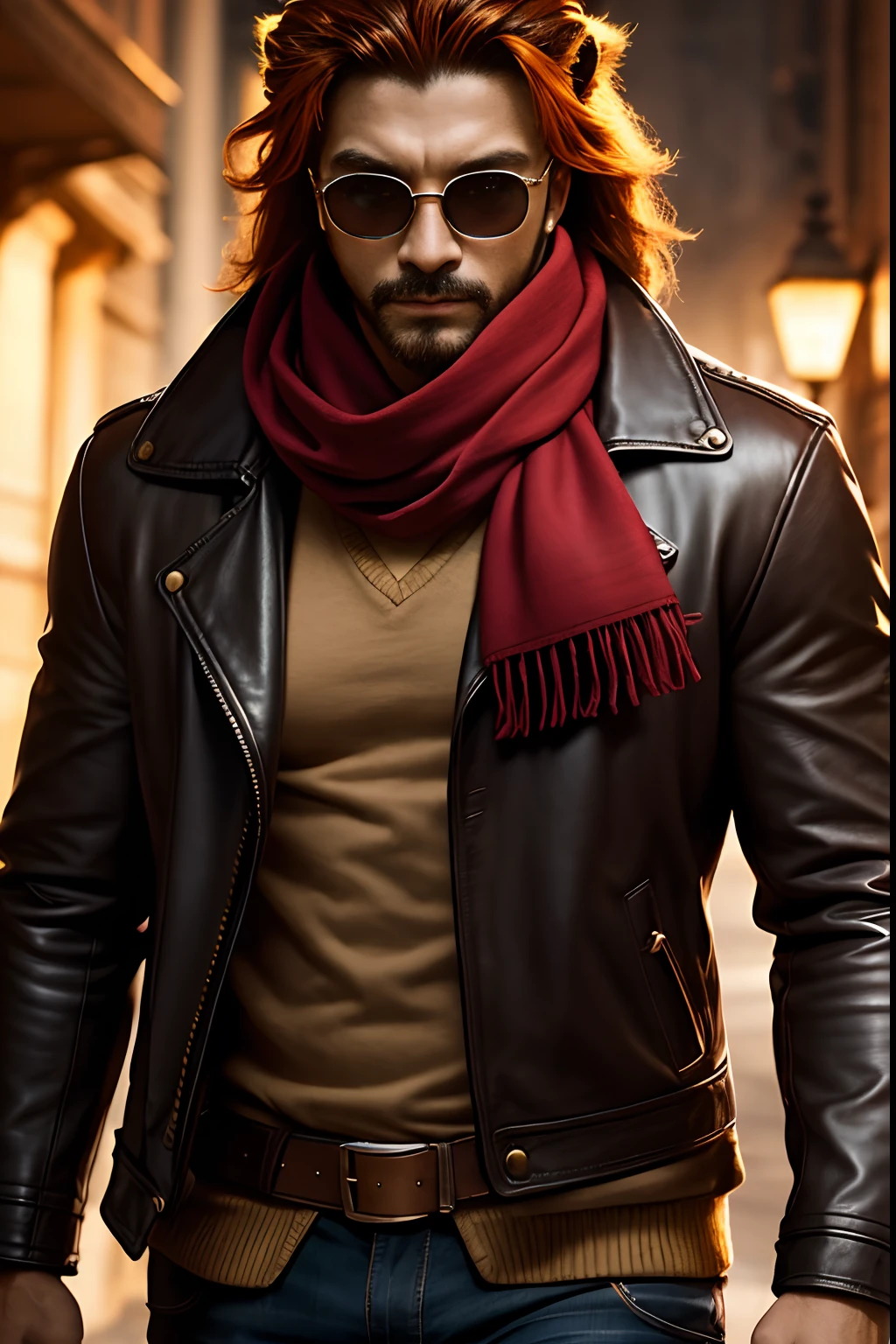 a lion, cool glasses, red scarf, leather coat, crown, cinematic angle and lighting, best quality,