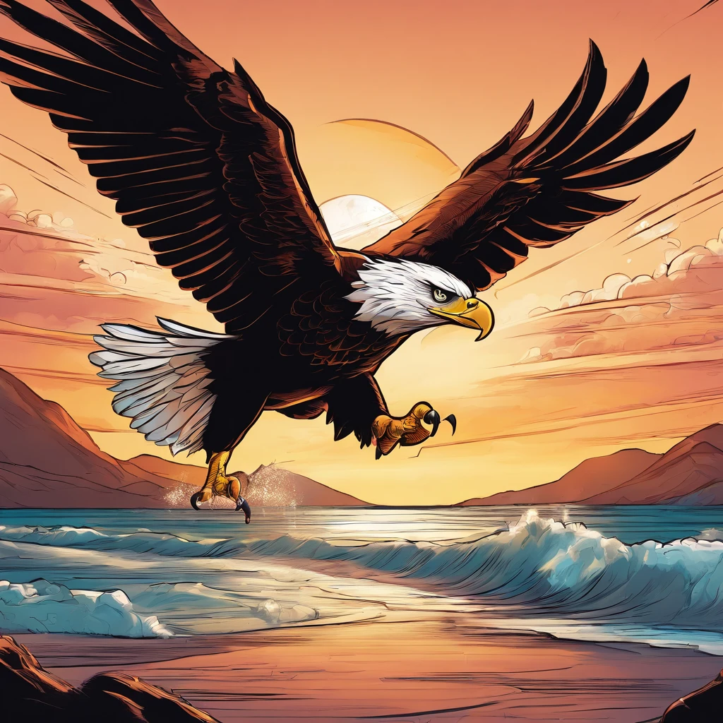 (extremamente detalhado CG unidade 8k papel de parede, master part, melhor qualidade), stunning sunset, majestic eagle flying over the horizon.