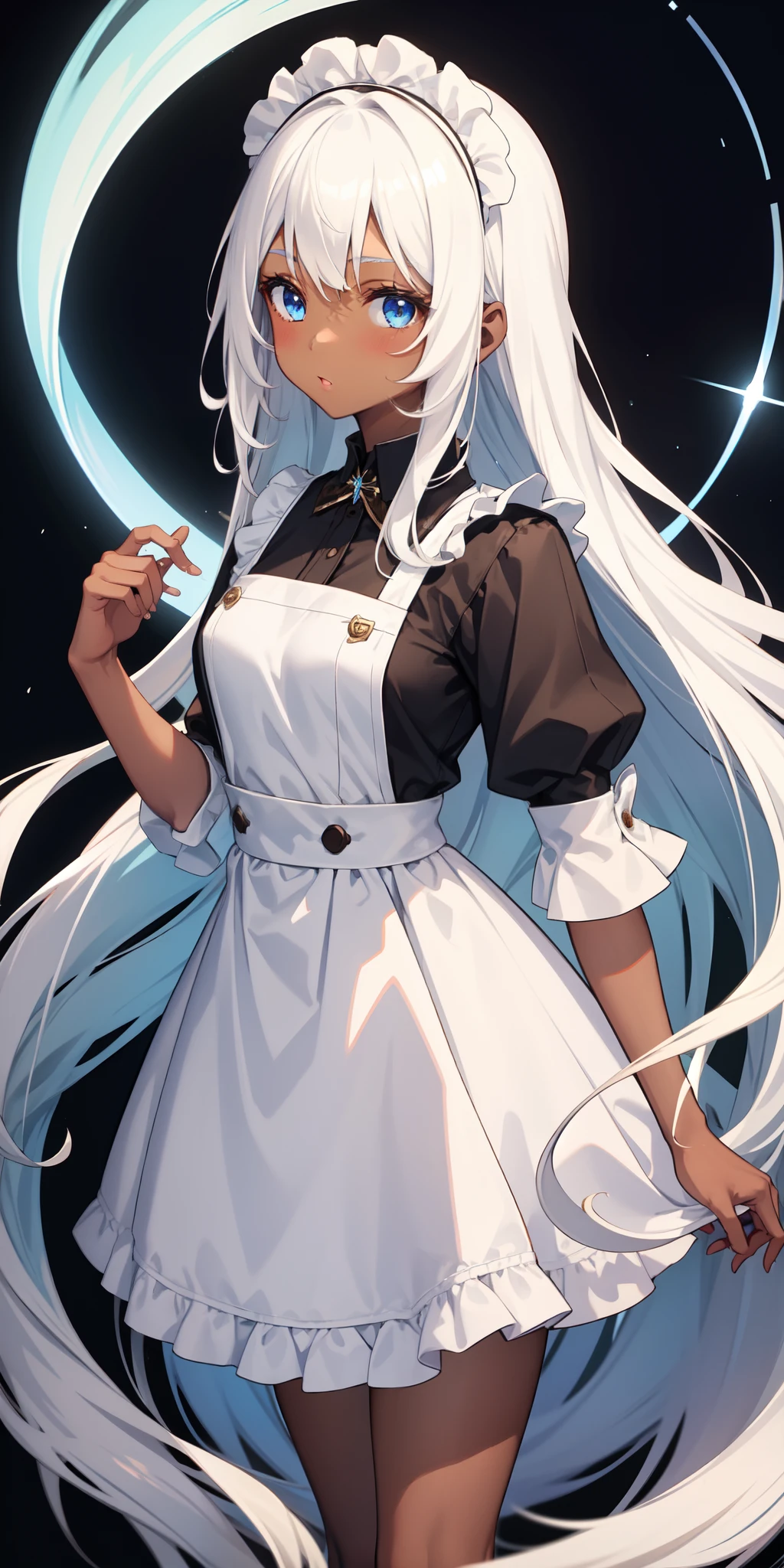 1 girl, brown skin, maid uniform, very long white hair, blue eyes,