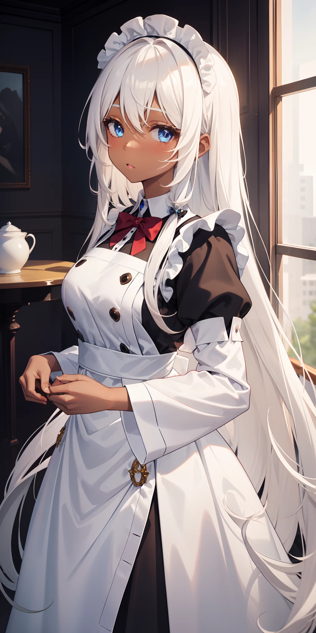 1 girl, brown skin, maid uniform, very long white hair, blue eyes,