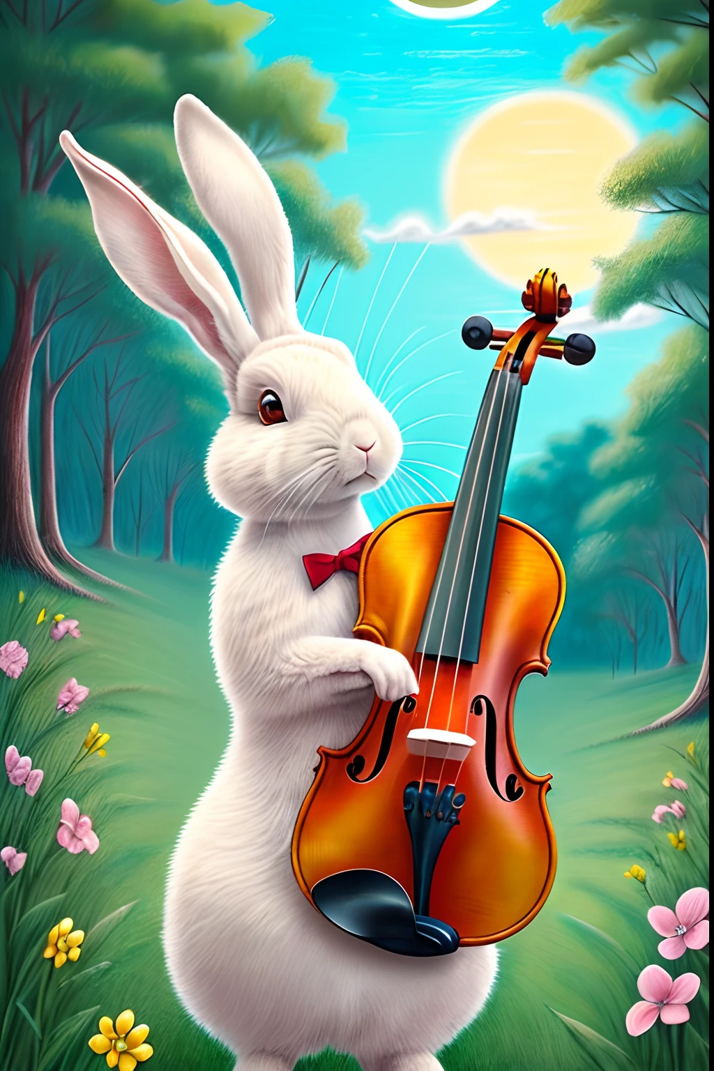 ((performer's clothes rabbit play the violin with dance:1.1), rabbit hands, rabbit legs), story book illustration, forest concert, warm palette, pastel drawing, sun lighting, extremely detailed, insanely detailed fur, intricately detailed texture, sense of dreamy, absurd resolution, (highest quality:1.1), best quality, toon rendering, soft touch, conceptual contrast,