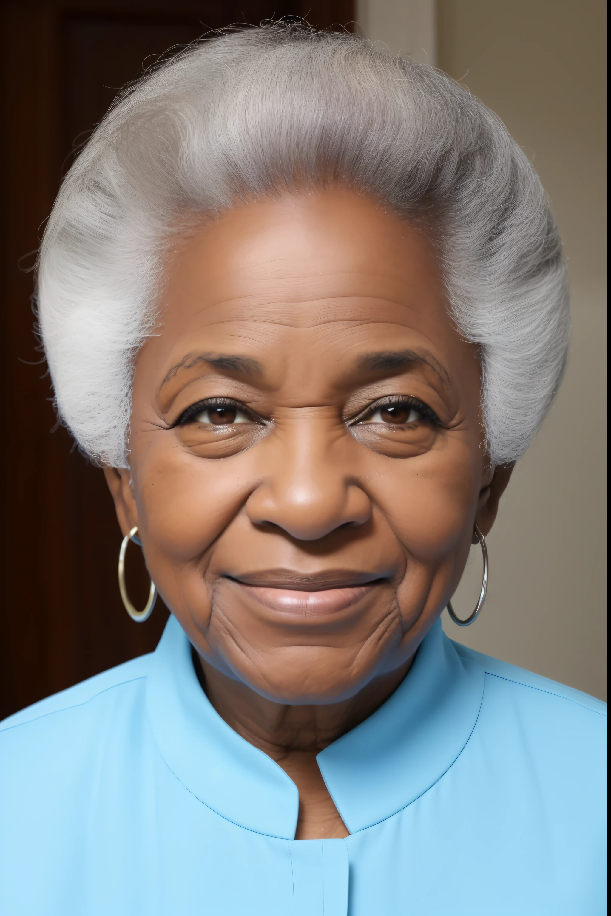 Androeda, solo, realistic, black girl, ((85-year-old girl)), ((mature)), ((old woman)), ((wrinkled woman)), african american old woman, old black woman, dark-skinned, (((upper body and upper legs))), ((at the museum)), ((wide shot)), smiling, wearing attractive blouse and jeans, white hair
