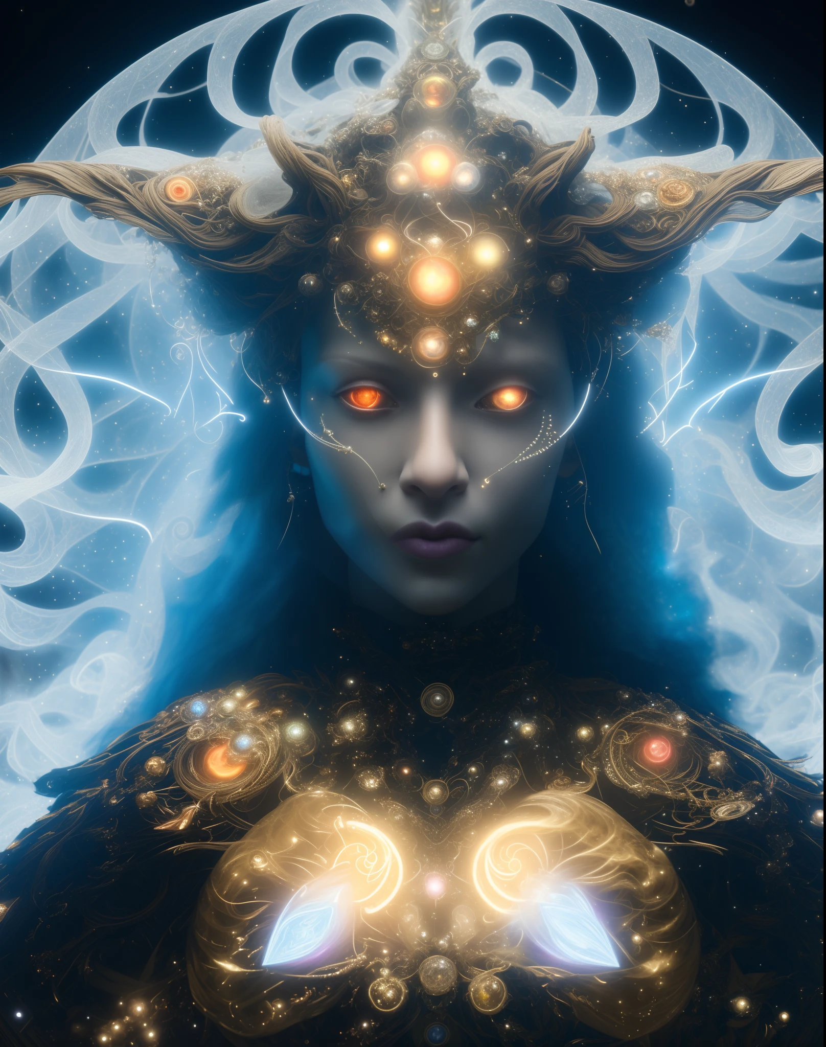 Algorithmically enhanced random close-up view of a cosmic being covered in powerful Ultra Arcane magic sigils wearing an intricate living lightning fractal mane and lavishly adorned attire reflecting tactical sun-motes and diamond moon shards, quasi-cosmic vortex sub-model, bright nebulae in the background, 7th-Sphere characterized, golden ratio-ed, inner bio-illuminated geometry, starkest contrast,flagrantly fibonacci formulated, dynamic bi-lateral asymmetry, super-critically unique, quantum feedback algorithm frenzy, hyper-realistic, post singularity AI imperative, ironically staggered data set, active 3D shading, lighting and focus, random 3D particle effects, rule of thirds, Unreal Engine 10, art station, Maximum Level of detail, concept art, art nouveau, 8k, Iridescent Primalight, Hawking radiation collector with lucidity crystallizer and grade A temporal accumulator, spontaneous Kozyrev Mirror refraction, cosmic ray visionary, innate Jail Break Protocol