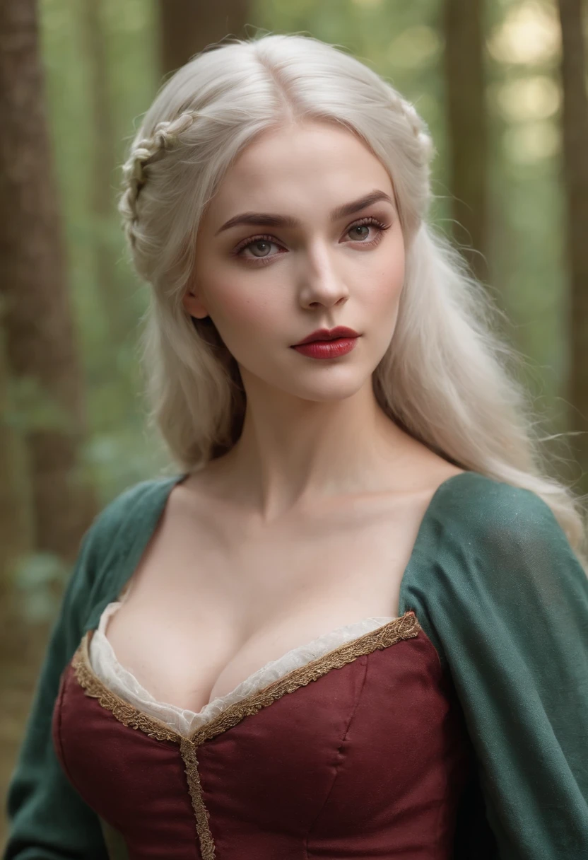 body shot, fair complexion, gorgeous voluptuous vampire woman around 19 years old, curvaceous body, cleavage, small pointy boobs, thin waist, very thick large hips, walking in the forest, natural white hair, green eyes, wearing kohl, graceful, wearing high heels, painted toe nails, short skirt, beautiful, candlelight in a medieval setting, ultra sharp focus, realistic shot, medieval female clothes, tetradic colors (scar:1.4)