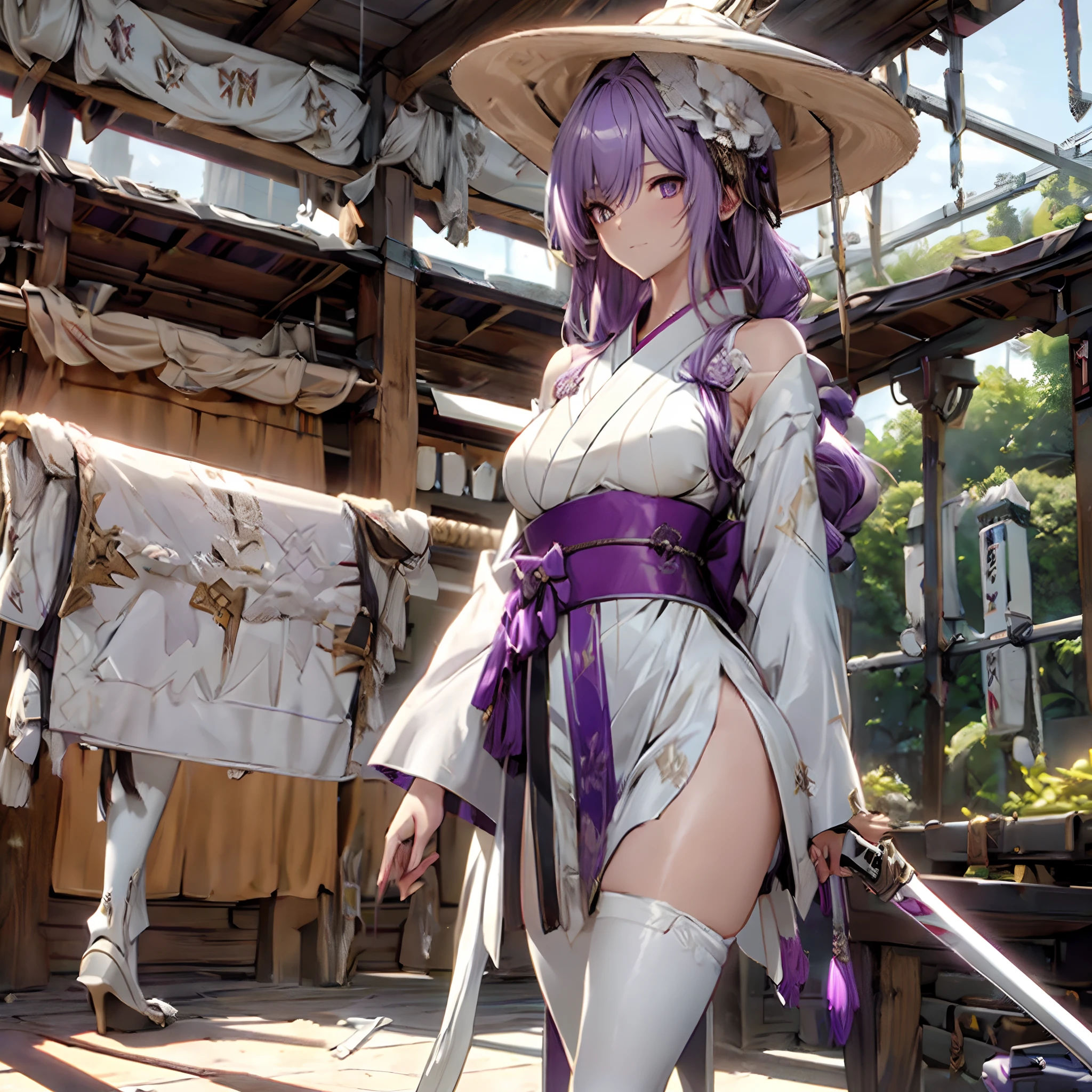 1 girl, tie purple hair, long light purple hair, large ronin white hat, gold eyes, white robe, katana, cool and sexy face, white thigh knee sock, white loose short kimono, 8, Sharp face, battlefield, outside, black high-heeled shoe, standing, scarlet, blade, one person, alone, 1 head, 2 hands, 2 legs, lightning, Best quality, masterpiece, 3D, an image of a beautiful female samurai, HDR (High Dynamic Range), Ray Tracing, NVIDIA RTX, Super-Resolution, Unreal 5,Subsurface scattering, PBR Texturing, Post-processing, Anisotropic Filtering, Depth-of-field, Maximum clarity and sharpness, Multi-layered textures, Albedo and Specular maps, Surface shading, Accurate simulation of light-material interaction, Perfect proportions, Octane Render, 8k, high res