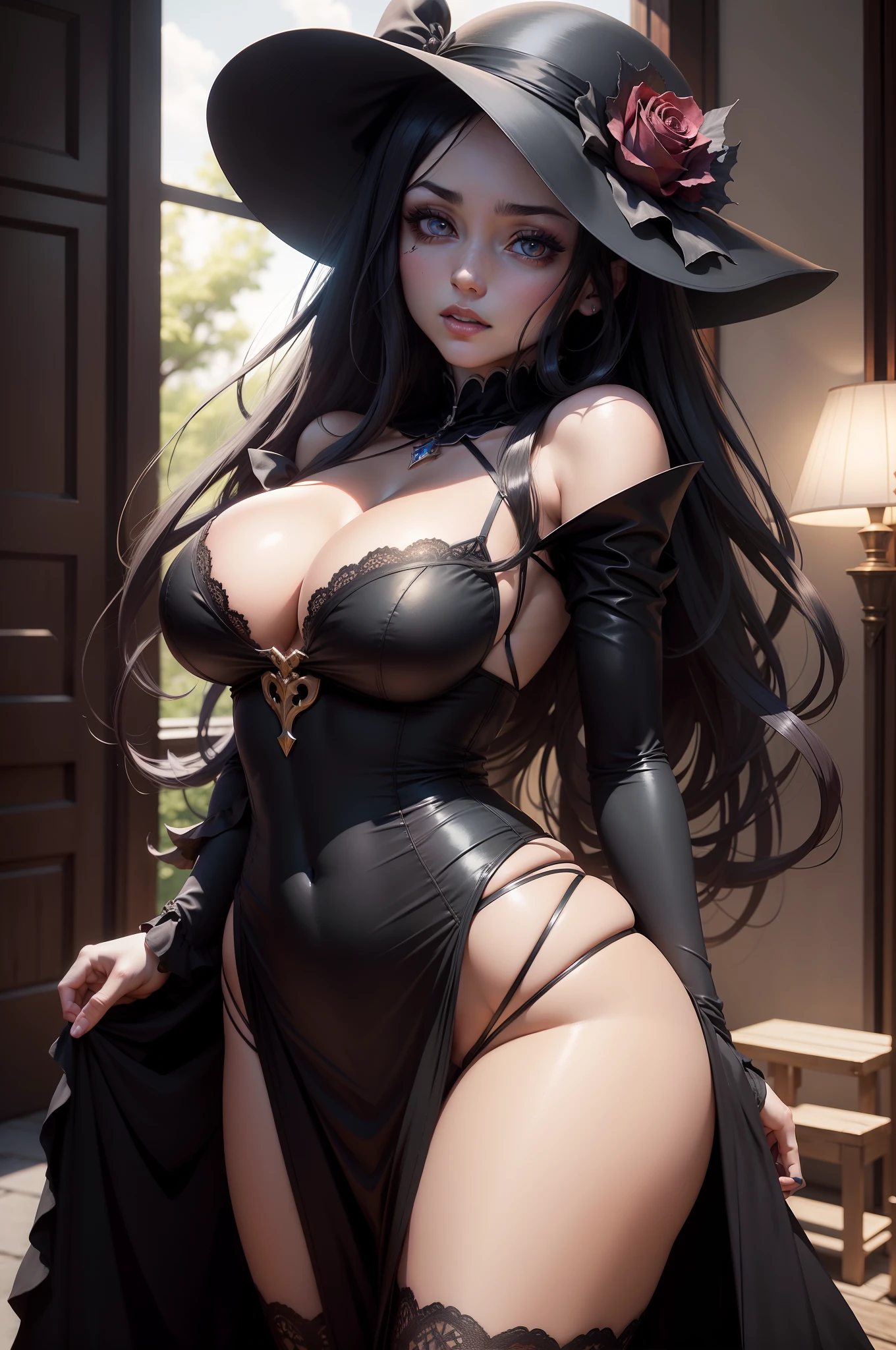 Anime girl with a hat and a rose in her hair, Albedo do anime Overlord, shalltear from overlord, albedo, Overlord, Gapmoe Yandere Grimdark, Retrato Gapmoe Yandere Grimdark, anime demon, shalltear bloodfallen, personagem bruxa escura, bruxa escura da moda, menina, Bruxa das Trevas, Perfect lips, pele de porcelana, HDR, UHD, 64 mil, studio lighting, realista, hyper realistic, simetrical face, Motor irreal, Bokeh, high - resolution scan