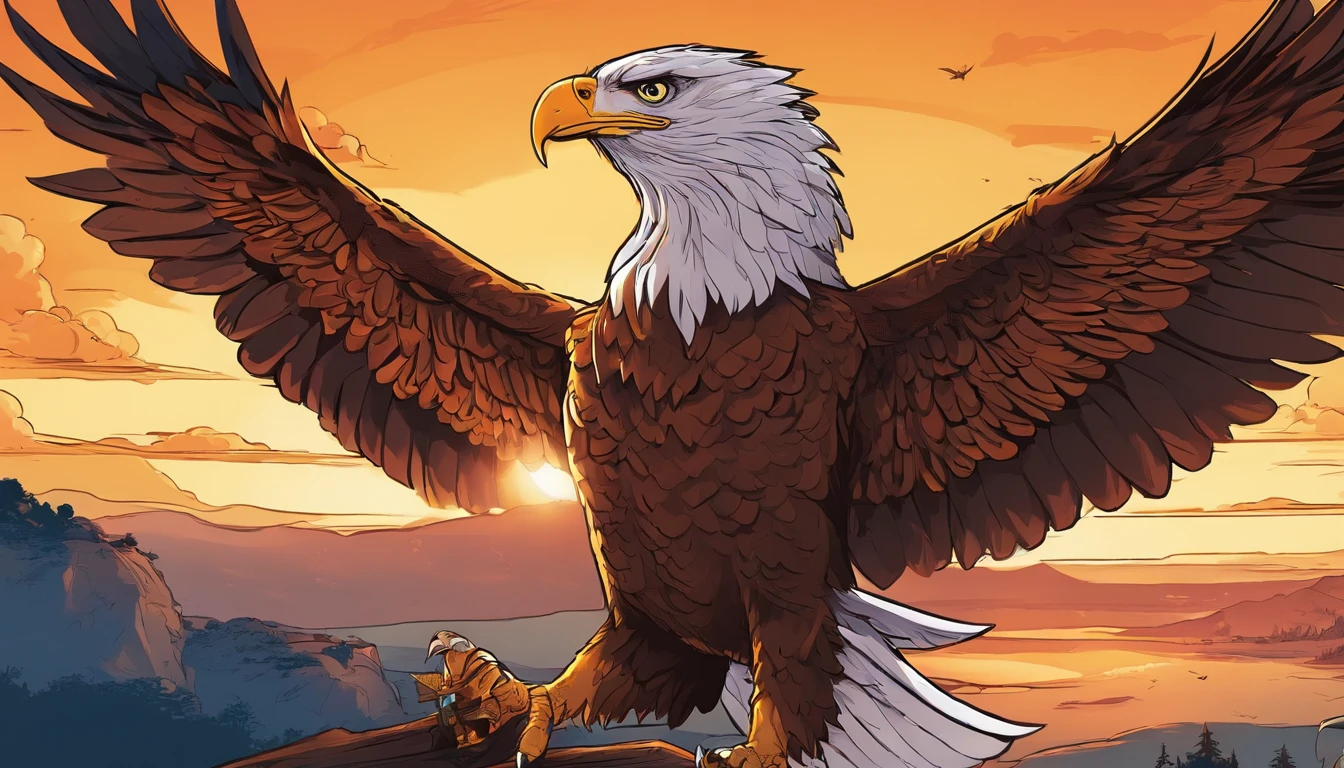 (extremamente detalhado CG unidade 8k papel de parede, master part, melhor qualidade), stunning sunset, majestic eagle flying over the horizon.
