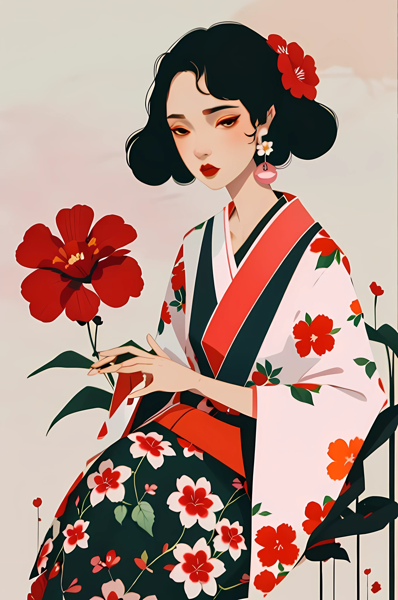 2d, nsfw, pastel color, watercolor, lineart, ankymoore, 1girl, solo,kimono, short hair, simple background, black hair, dress, jewelry, upper body, flower, earrings makeup, floral print, lipstick, red flower, brown background, red lips, print dress, tan background,