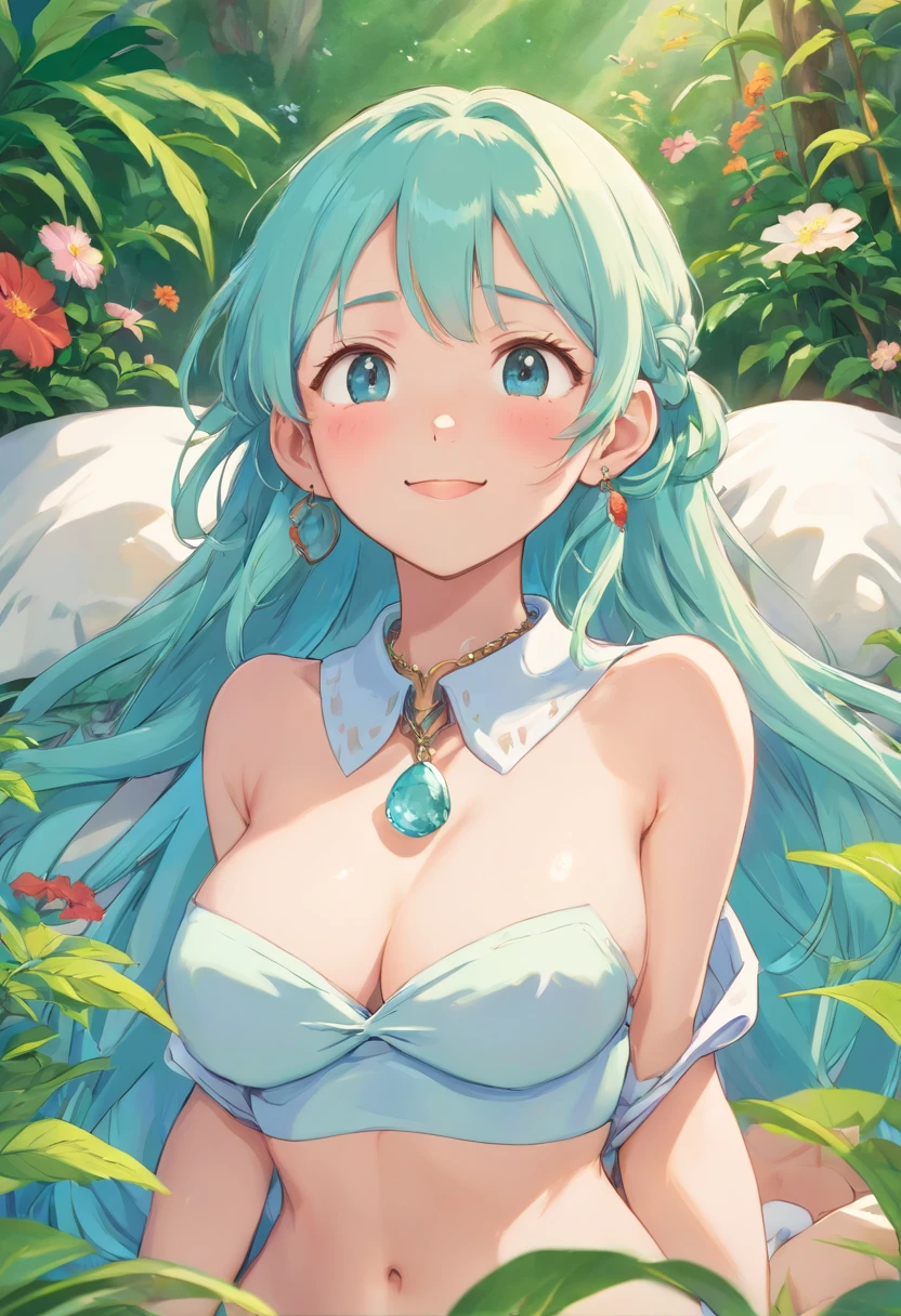 NSFW,1girl in, blushed face、A smile、huge-breasted、fatness、fullnude、Braids、Getting by slime、Insert into the vaginal hole、Overflowing sexual fluids ,Soft light、 large full breasts、lyin in bed、Spread your legs apart、full body Esbian、Hyper-detailing、masterpiece、perfect bodies、Anime Collar Girl, Long necklaces and earrings, In the style of a tranquil garden landscape, colorful animation stills, Masami Teraoka, aquamarine, paul gauguin, Embry style, Honest portrayal