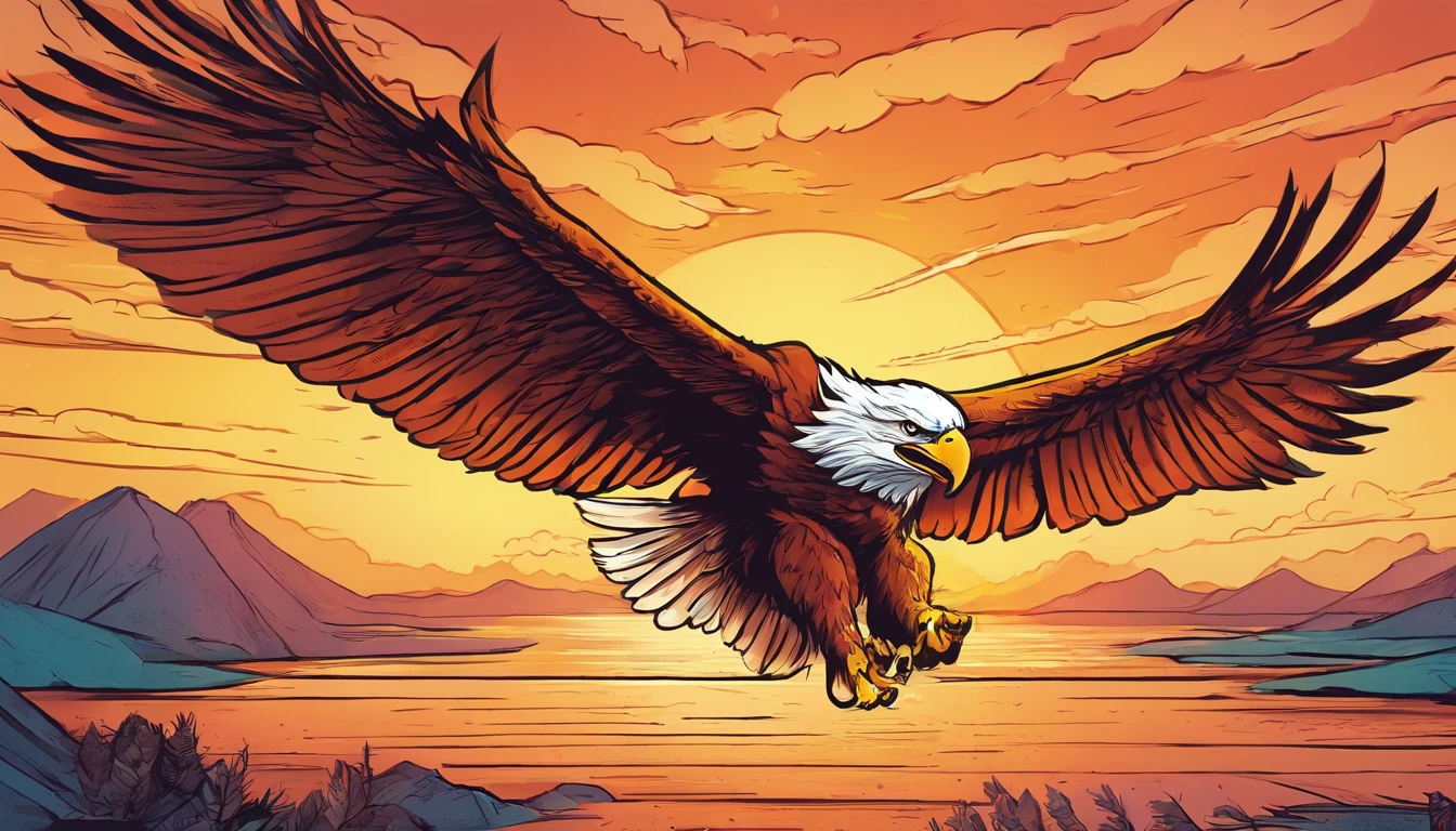 (extremamente detalhado CG unidade 8k papel de parede, master part, melhor qualidade), stunning sunset, majestic eagle flying over the horizon.