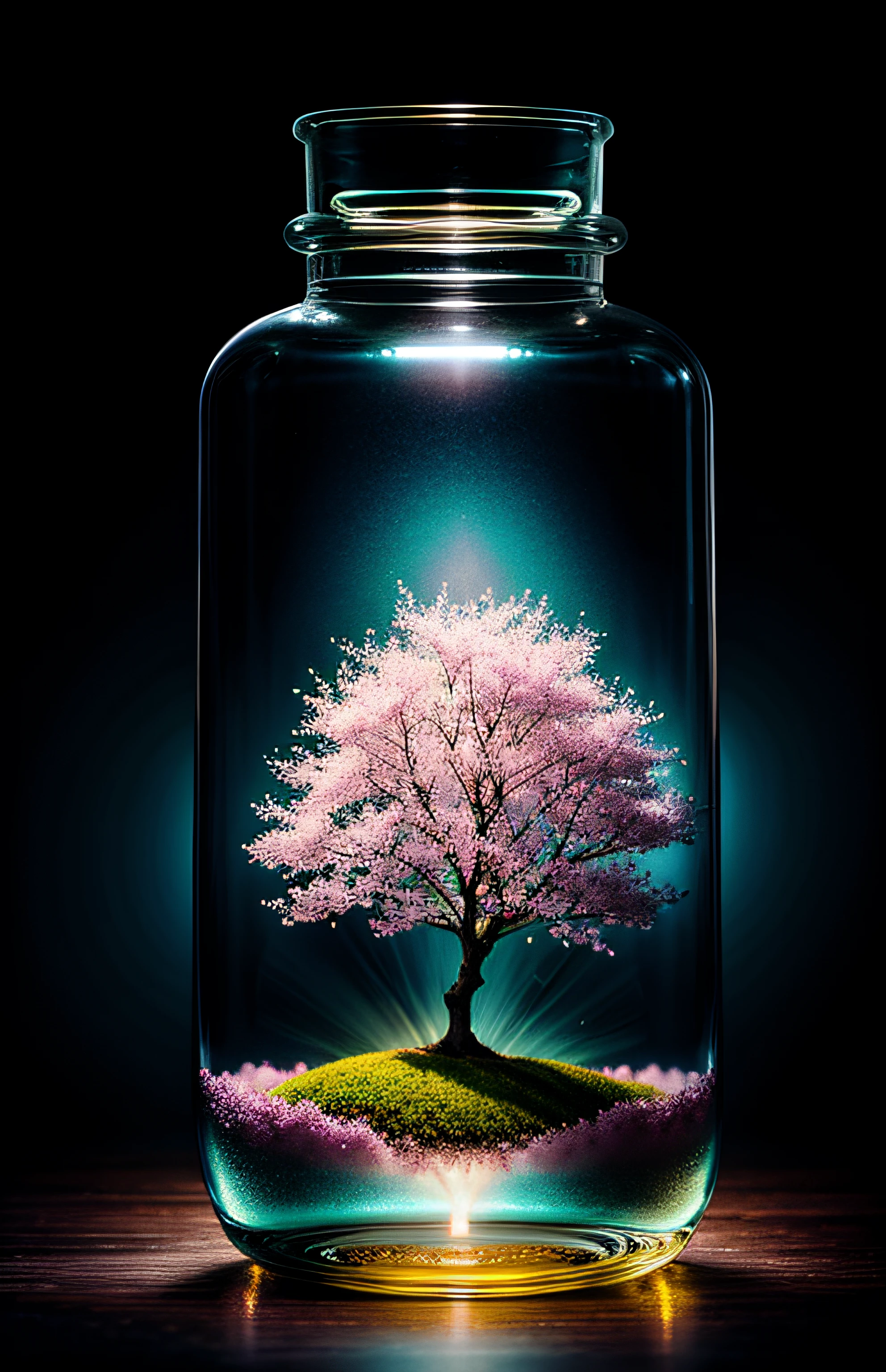 sakura tree in a bottle, fluffy, realistic, atmospheric light refraction, by lee jeffries nikon d850 film stock photograph 4 kodak portra 400 camera f1.6 lens rich colors hyper realistic lifelike texture dramatic lighting unreal engine trending on artstation cinestill 800, Style-Glass