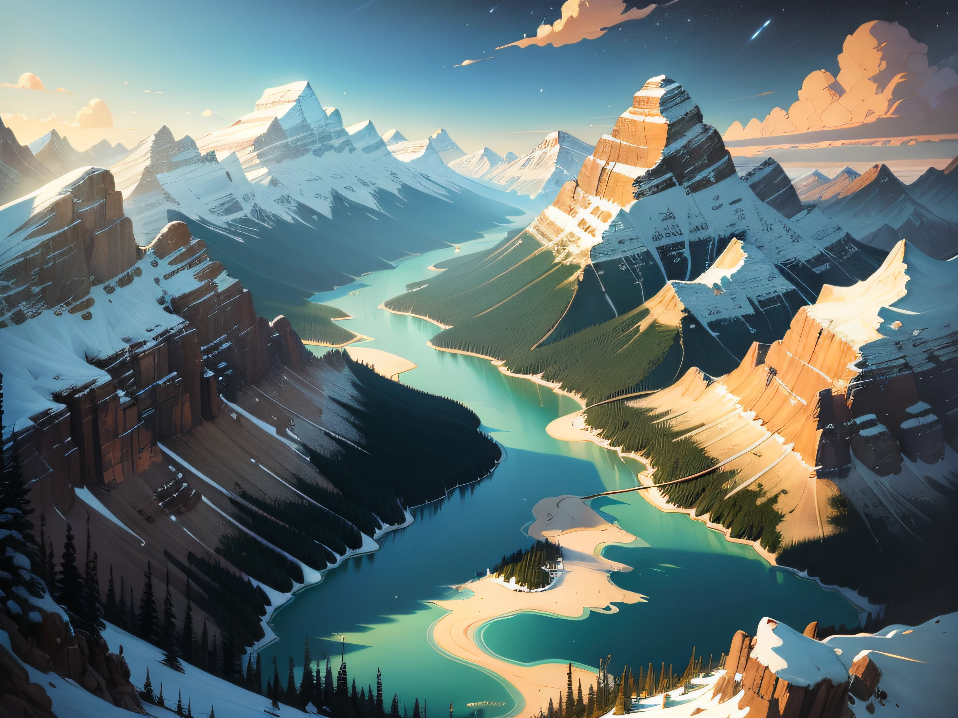 a painting of Peyto lake mountain scene , rocky mountains , landscape illustration, mountains and lakes, stylized digital illustration, travel poster, in style of digital illustration, painterly illustration, vibrant tourism poster, vector behance hd jesper ejsing, inspired by A. J. Casson