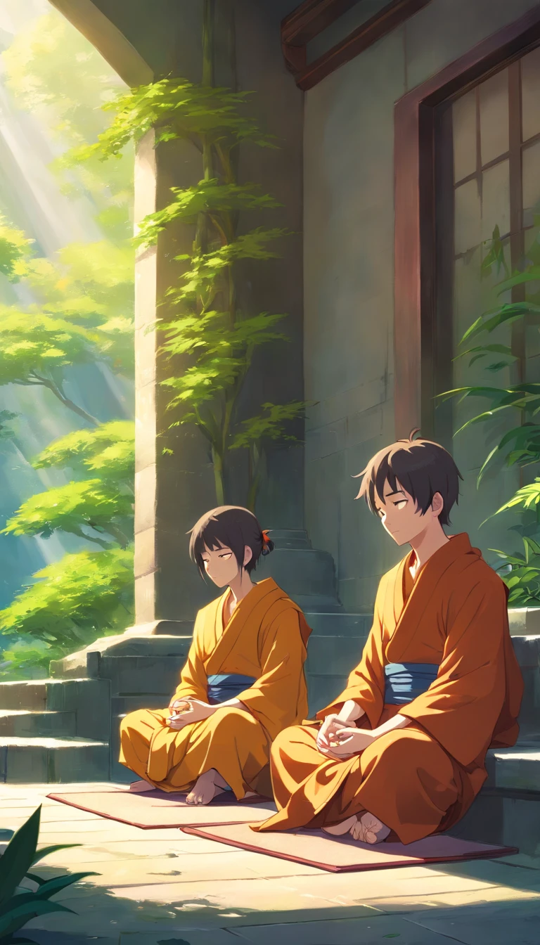Peaceful monks, Meditando sobre cojines de seda