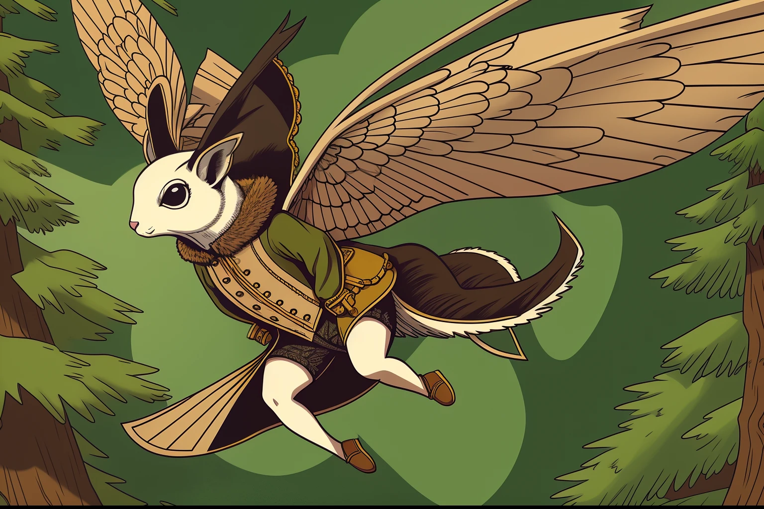 graphic story novel illustration, rococo punk clothes outfit flying squirrel is gliding, forest punk background detail,