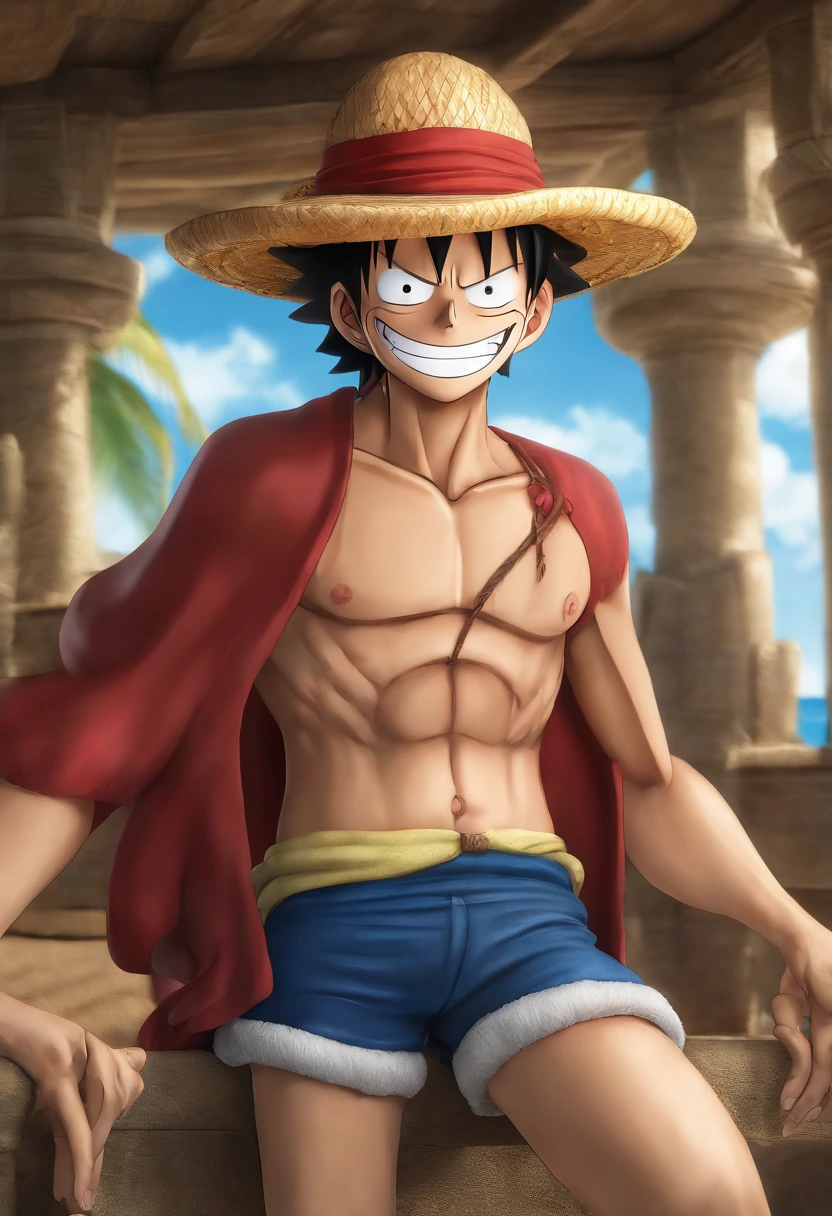 Monkey D. Luffy: "Crie uma imagem realista de Monkey D. Luffy, the captain of the Straw Hat Pirates, with a fat and overweight physique. He should still keep his trademark smile and wear his straw hat. 4k,m ultrarealista