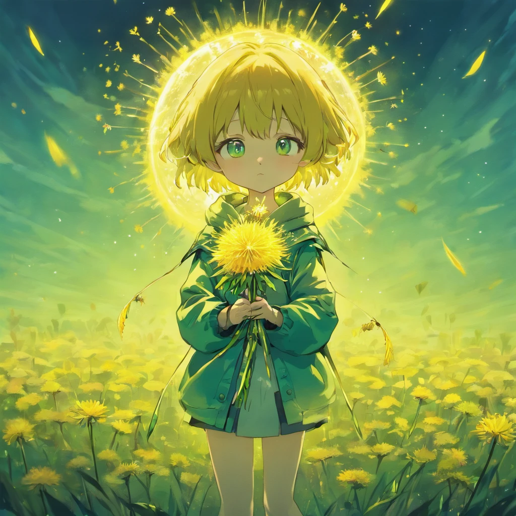 A cuddly alien holding a dandelion
