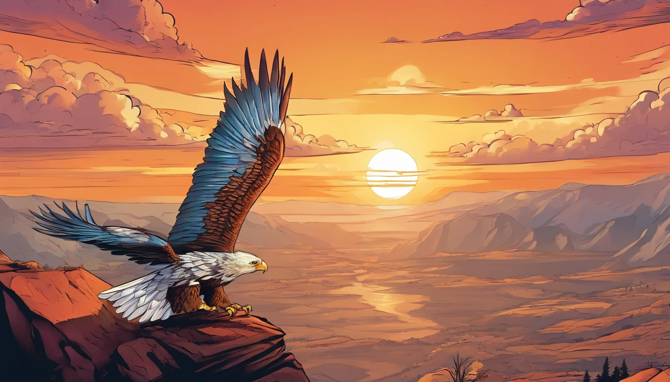 (extremamente detalhado CG unidade 8k papel de parede, master part, melhor qualidade), stunning sunset, majestic eagle flying over the horizon.
