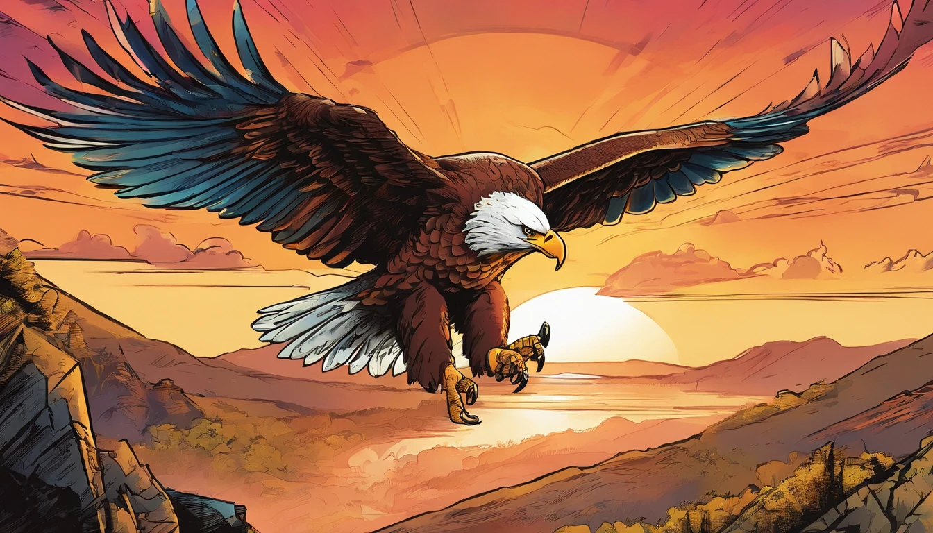 (extremamente detalhado CG unidade 8k papel de parede, master part, melhor qualidade), stunning sunset, majestic eagle flying over the horizon image from the front.