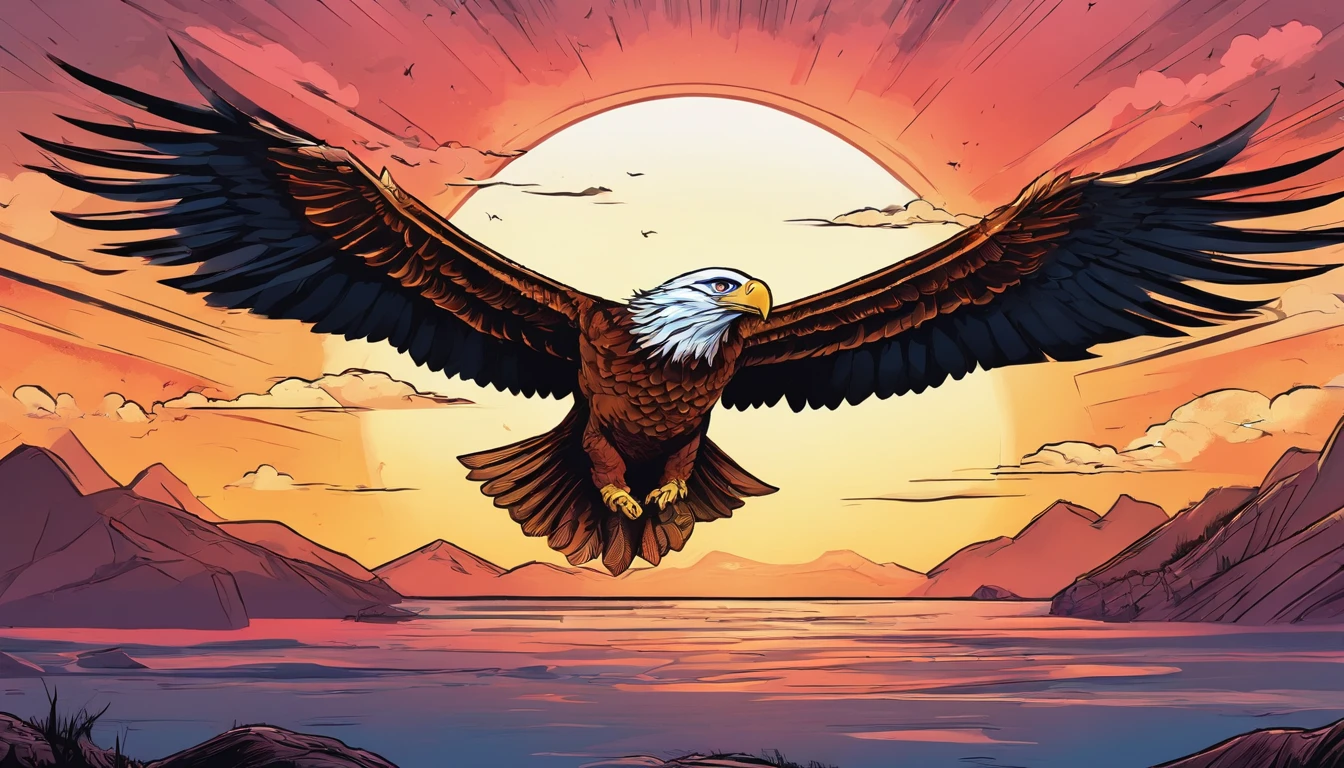 (extremamente detalhado CG unidade 8k papel de parede, master part, melhor qualidade), stunning sunset, majestic eagle flying over the horizon image from the front.