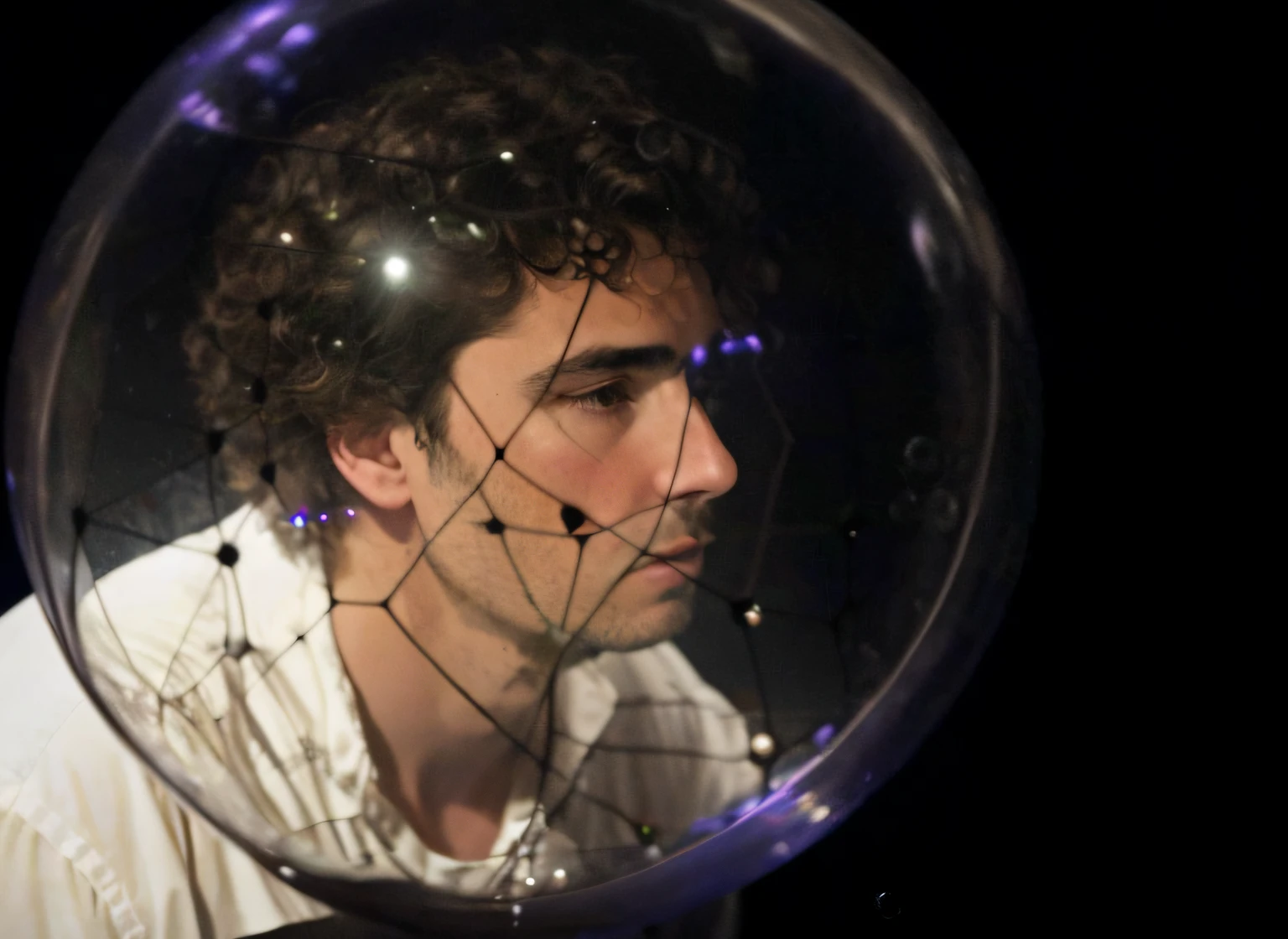 homem arafed em uma bolha com um fundo preto, bubble chamber, Spherical, esfera, Foto de uma esfera de Dyson, Nick Cave ponderando seu orbe, inspirado em Buckminster Fuller, capacete de bolha de vidro, metabolas, dentro de um globo, mickael lelièvre, bolha, Alexandre Bourlet, Bubbles of the impossible, cobwebs inside the head