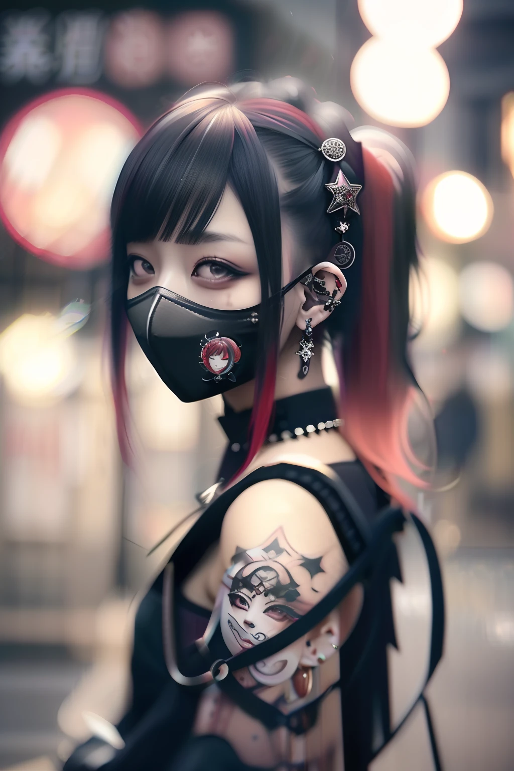 masks、Sleeveless、The tattoo、bright red、Really red、Red、Red-haired、rot、red hairs、head phone、🎧、goth_punk, 1girl in, 独奏, medium shot, Walking in Harajuku, ((during night)), bokeh dof, Neon light, Iridescent eyes, starrysky, red glowing hair, Black eyebrows, Radiant hair, (iridescent red hair), 耳Nipple Ring, bangss, jewely, masks, bluntbangs, verd s eyes, Mouth mask, blurry backround, bblurry, hair adornments, Look at viewers, shorth hair, portraitures, side locks