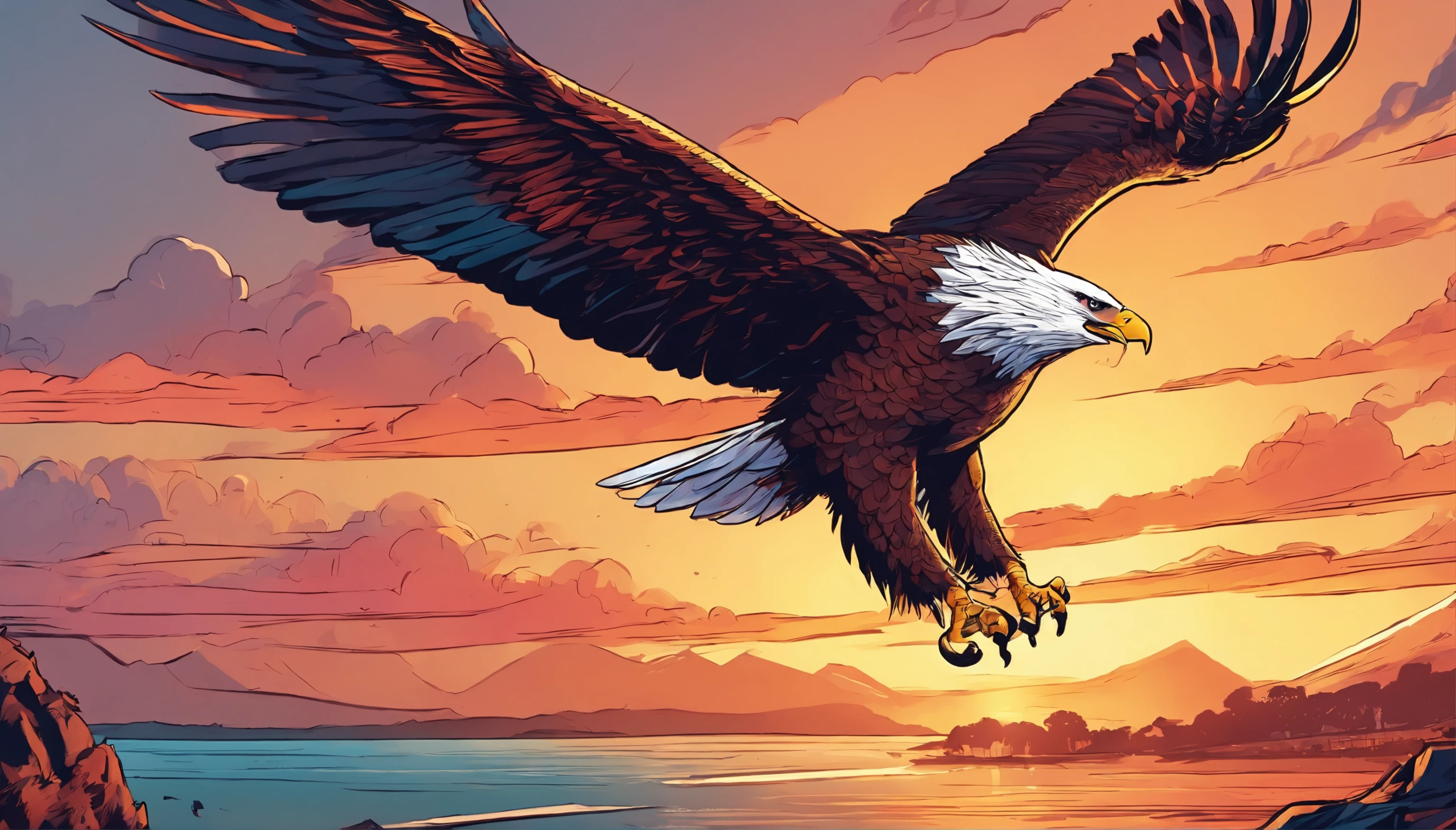 (extremamente detalhado CG unidade 8k papel de parede, master part, melhor qualidade), stunning sunset, majestic eagle flying over the horizon.