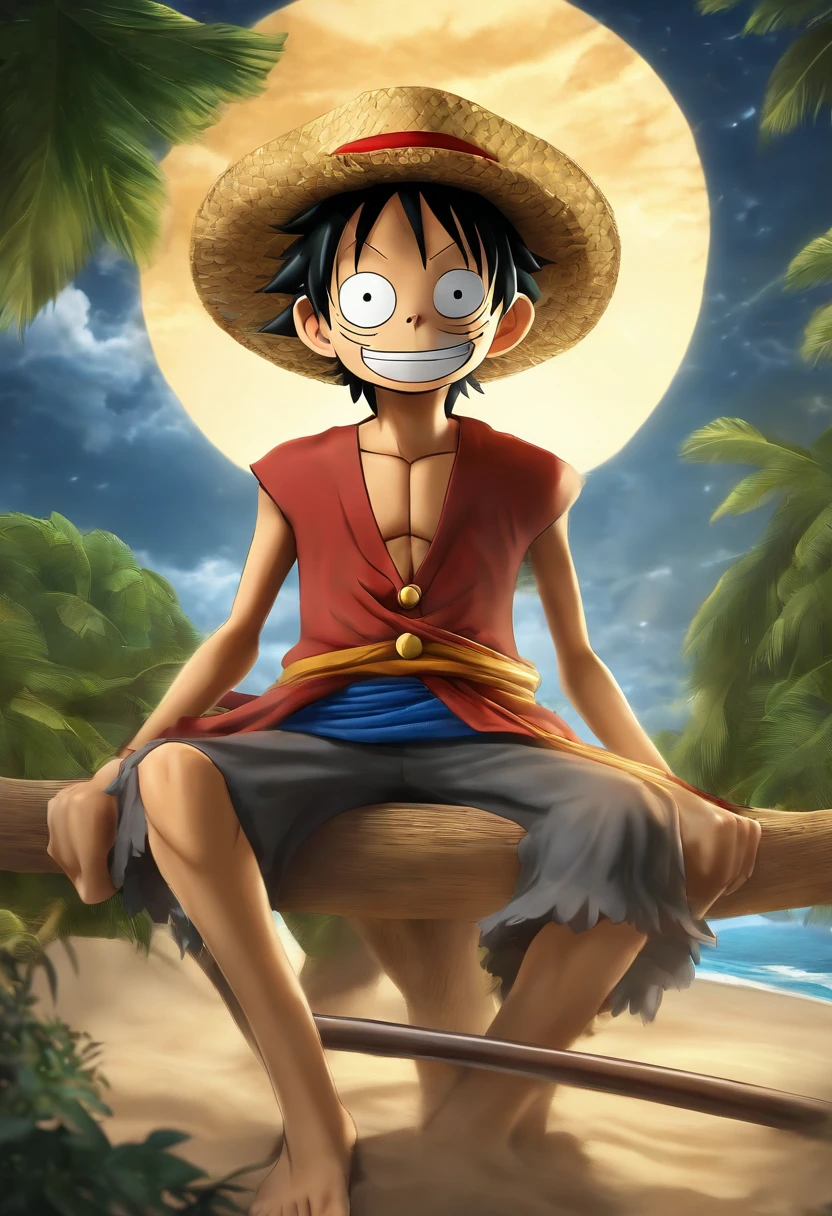 Monkey D. Luffy: "Crie uma imagem realista de Monkey D. Luffy, the captain of the Straw Hat Pirates, gordo e sobrepeso. and wear his straw hat. 4k, superrealista