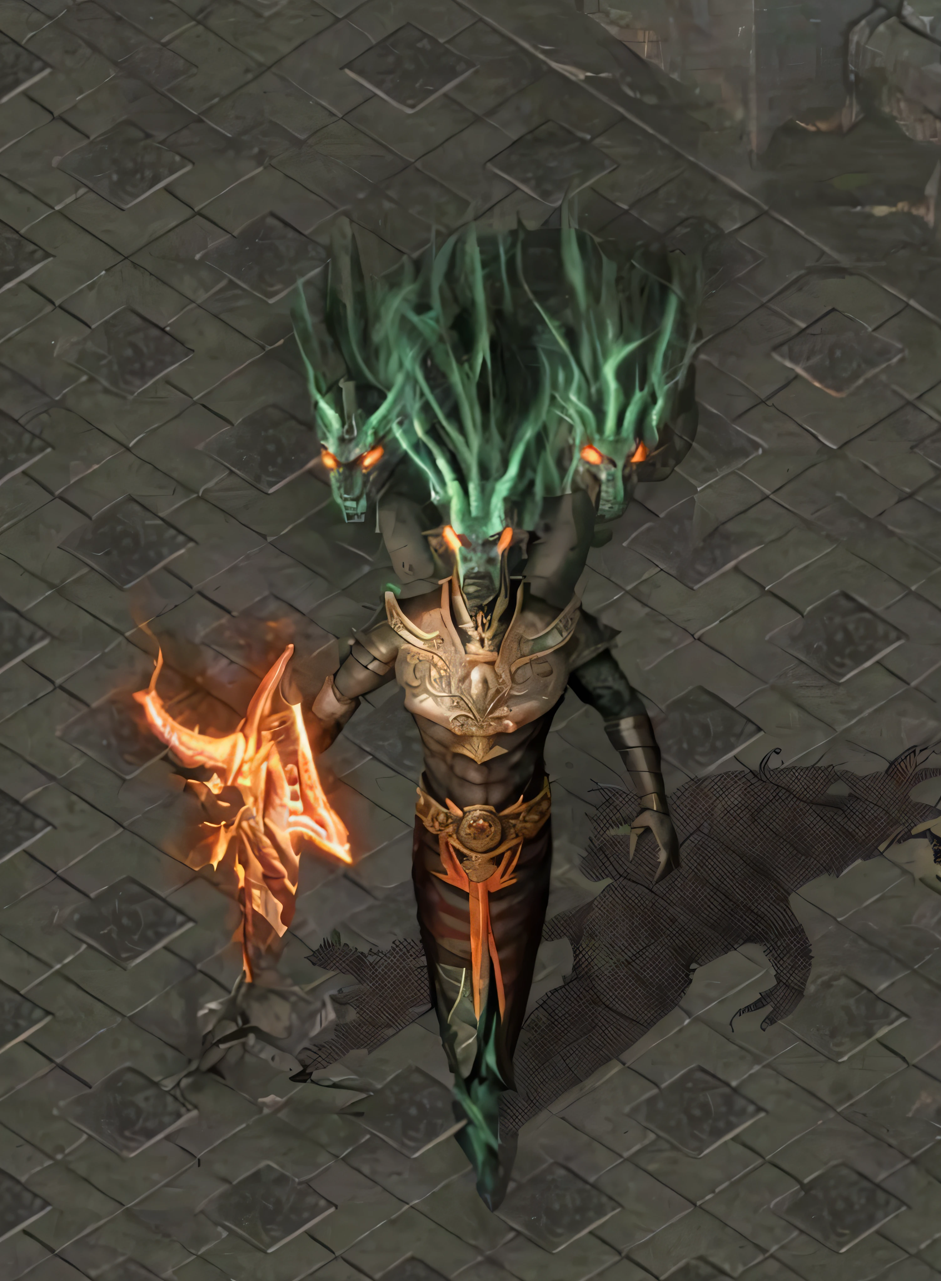 a close up of a person with a sword and a fire, the hydra from path of exile, flame conjuring armored, ?????? play, Diablo, demon male, diablo 4 lilith, detailed hot maw, demon necromancer, minotaur from path of exile, male djinn man demon hybrid, dagoth ur, djinn man male demon