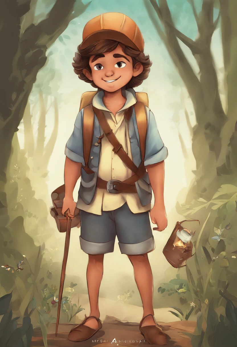 personagem para um e book infantil, He's the little explorer, various positions, children's book ilustration style, simples, fofo, 6 anos, cores, cabelo castanho curto, cor lisa, camisa branca de manga curta, shorts jeans, sem cinto, without a hat, sem livro, no glasses and no backpack, Arte realista, (atmosfera escura:1.5), cinemactic, intrincado, 8k