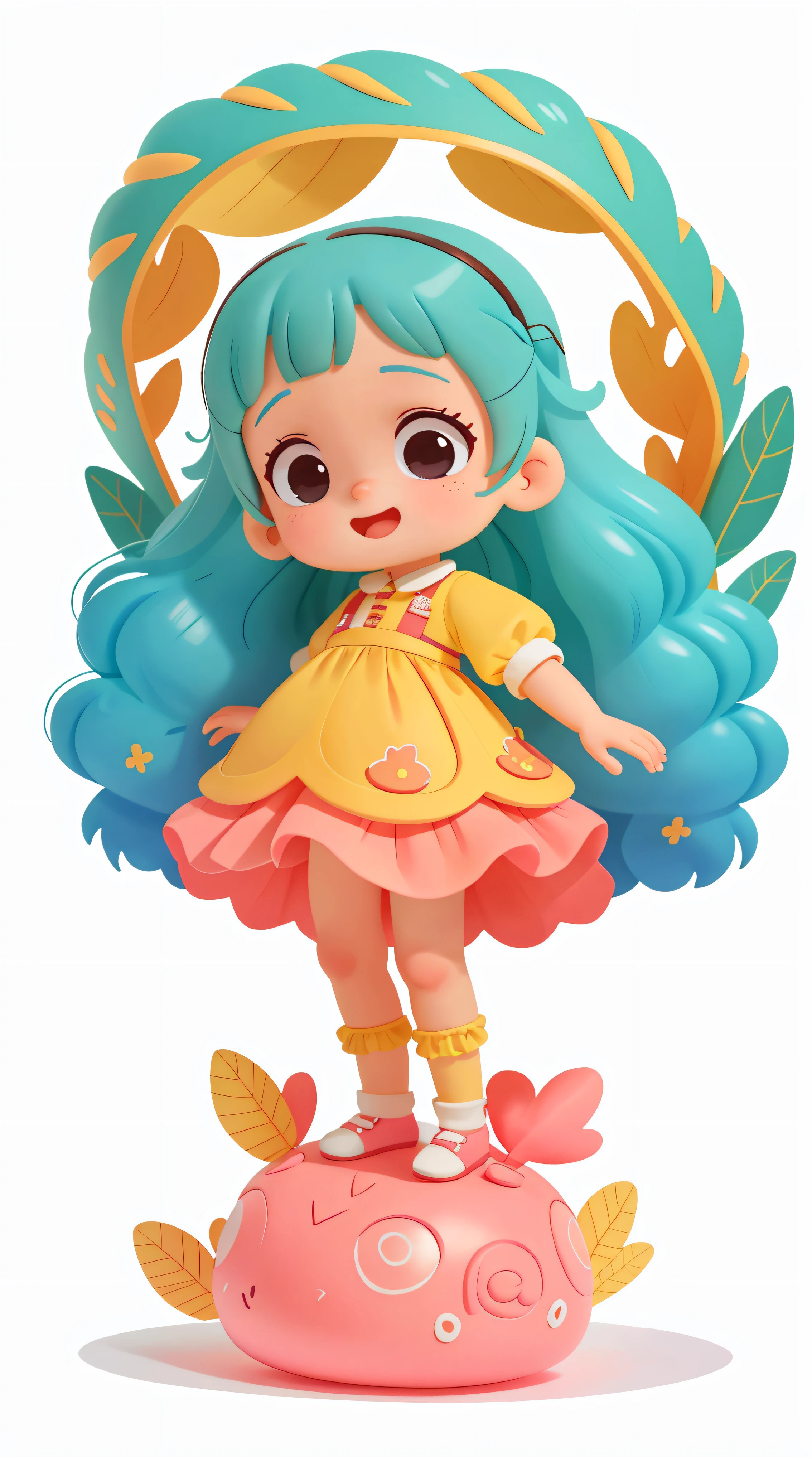 uma menina fofa (((( style)))) em estilo pasteleiro ((((desenho animado bonito)))), Ela tem (((cabelo preto curto))), ((((cabelo em um rabo de cavalo ))))), (((cabelos crespos))), olhos castanhos, ((((pele branca)))), She is grinning, She's wearing a gorgeous pink and blue dress, com sapatos brancos, she is standing, corpo inteiro, with its scenery on a plain white background, adicionar detalhes de luz e muita qualidade, Your hands are perfect with lots of details