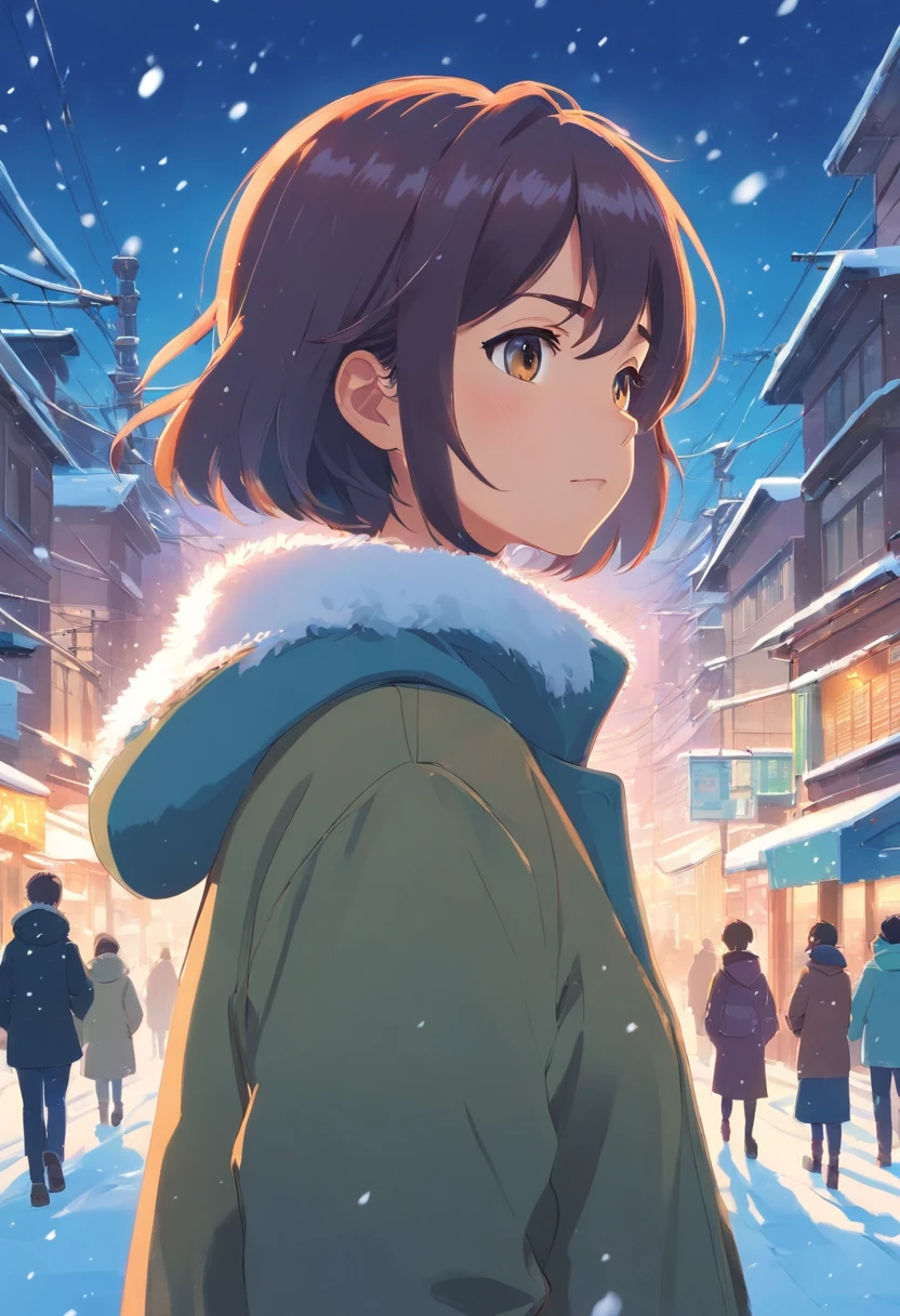 A woman in a green coat standing in the snow - SeaArt AI