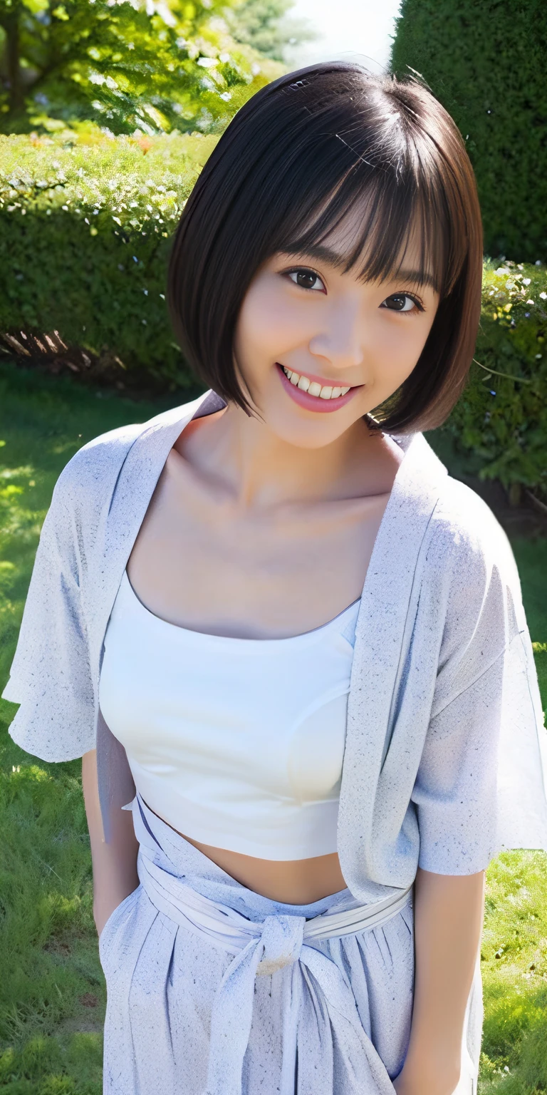 neat college girl、petite person、Outside the field、(Slimed、small tit、flat boobs、small tit)、Photorealsitic、detaileds, Skin Texture, ultra-detailliert、Delicate and sexy collarbone、A smile、Super Detailed Face、Detailed lips、A detailed eye、二重まぶた、White panties are visible from the skirt、((is standing、Summer yukata、slightly lift the hem of the skirt with both hands,,,,,))、Shorthair with bangs、Straight bob hair、、Angle from top edge