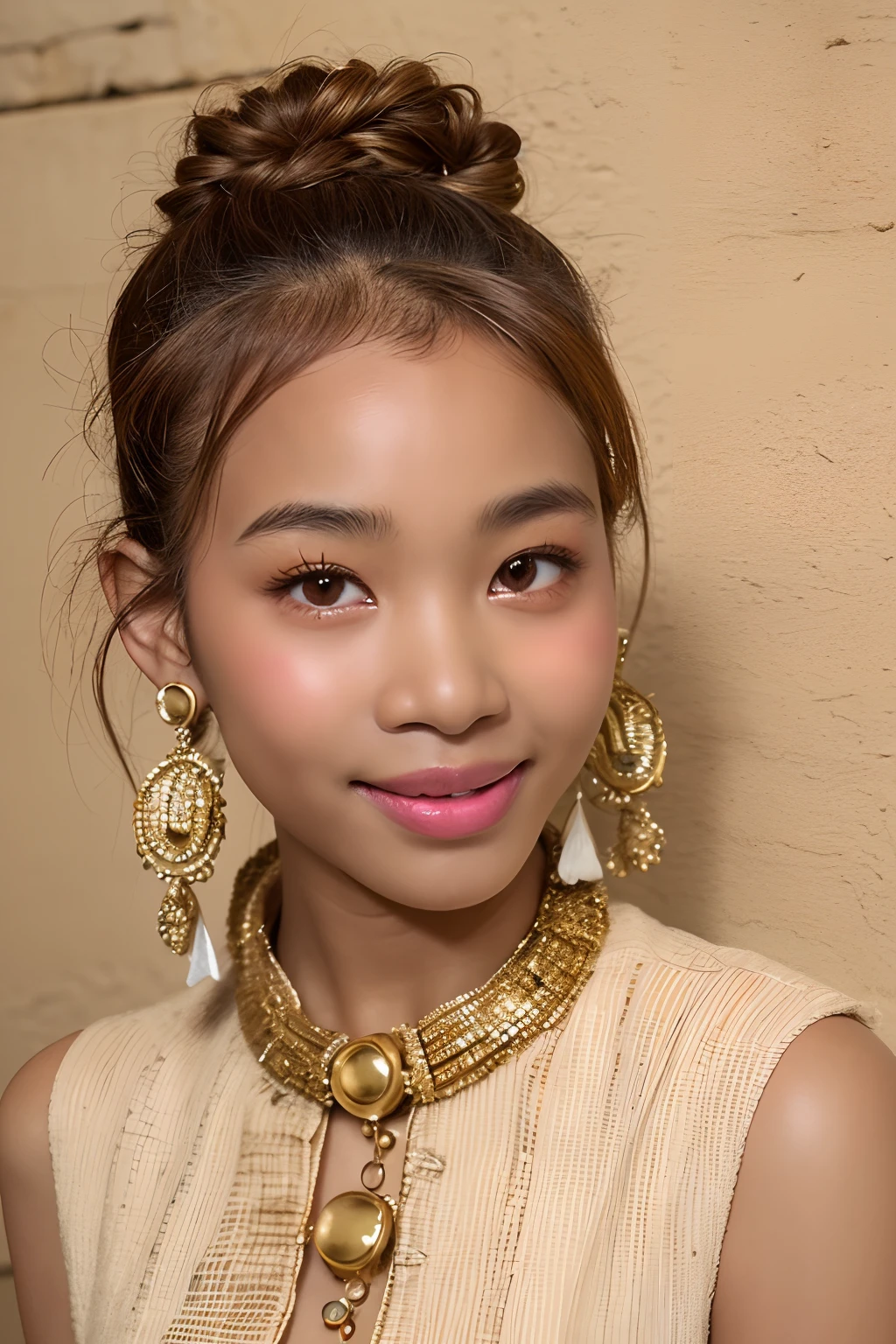 (extra detailed body、extra detailed face、best qualtiy:1.2)、femele、looking at the viewers、(Beige wacky clothes、Fancy accessories、hair adornments、piercings、a smile、sixteen years old)、(Beige wall on background 1.4)