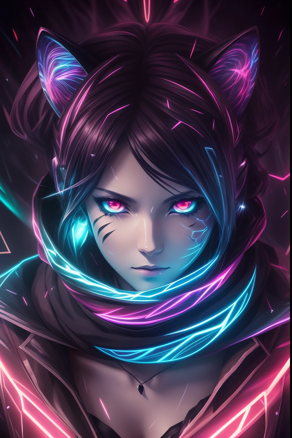 2.5d anime illustration, multilayered, design a visually captivating image, detailed drawing, digital concept art style with extremely beautiful art, tonal contrast, rich colors, dark palette, intricately detailed illustration, legendary creature, sharp looking, sharp claws, glowing eyes, forest punk one white tiger with sparkling body, forest walk, mysterious and fantastic atmosphere, dignity, holographic rendered in stunning 32k resolution, neon light painting body art, flash, dark cloud, real heavy rain, through the darkness, bright red scarf, blowing wild, painful atmosphere, ultra quality, cinematic still and lighting, conceptual contrast, intricate surface detail, best quality, beautiful detailed eyes, highly detailed skin, radiosity,