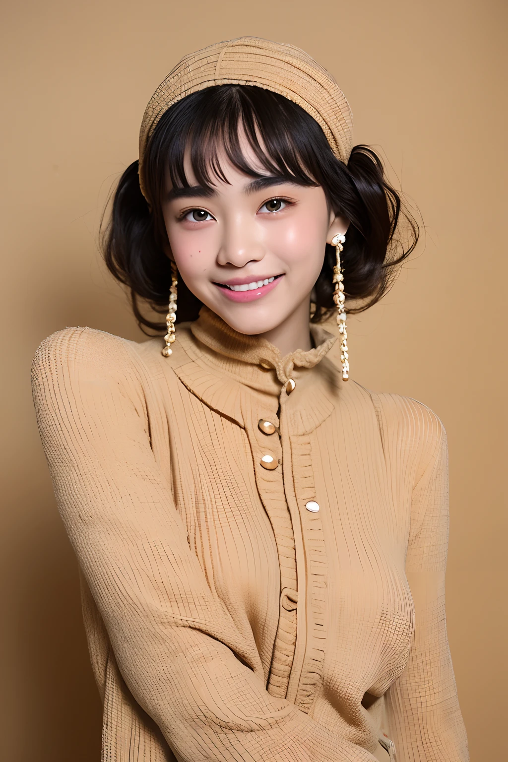 (extra detailed body、extra detailed face、best qualtiy:1.2)、femele、looking at the viewers、(Beige wacky clothes、Fancy accessories、hair adornments、piercings、a smile、sixteen years old)、(Beige wall on background 1.4)