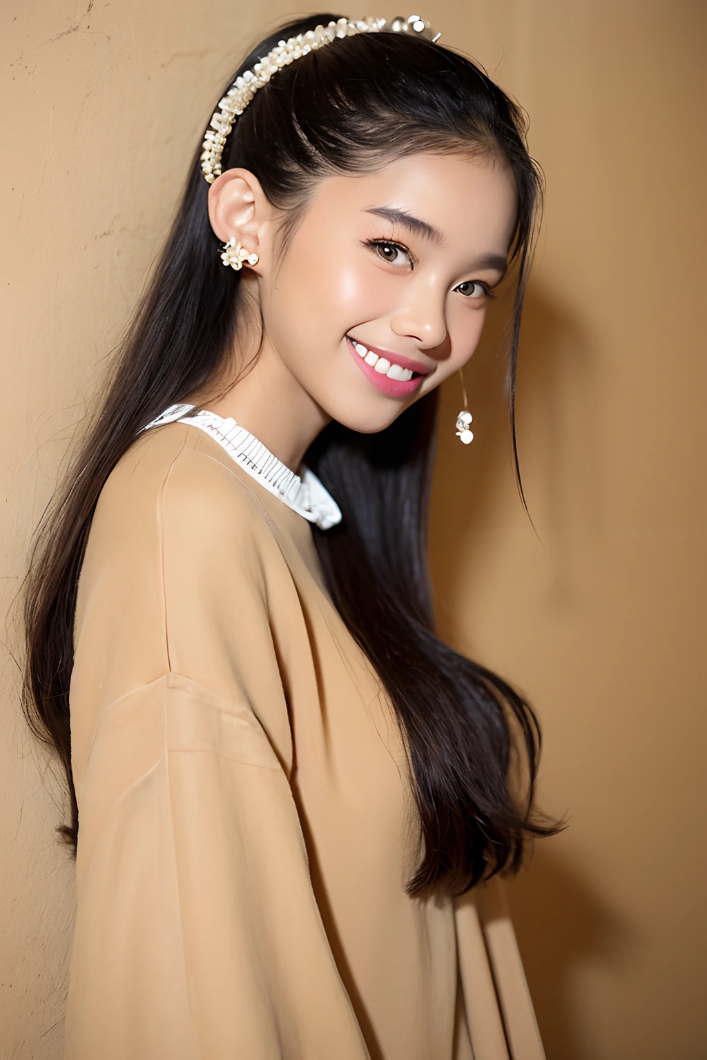 (extra detailed body、extra detailed face、best qualtiy:1.2)、femele、looking at the viewers、(Beige wacky clothes、Fancy accessories、hair adornments、piercings、a smile、sixteen years old)、(Beige wall on background 1.4)