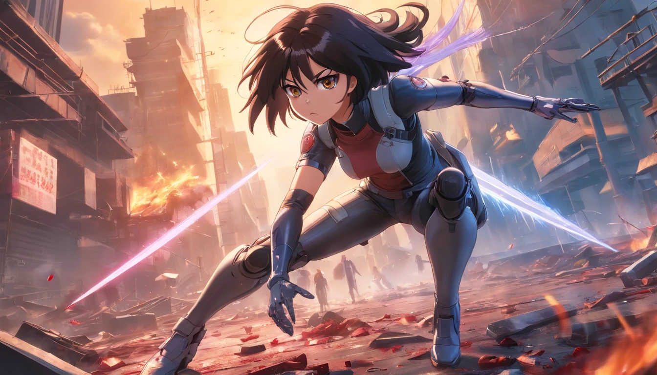 Battle Angel Alita in an apocalyptic scene, fighting valiantly, Torn clothes, blood, dramatic scene (very high detail:1.4) 8k, perfect, best quality, Best Artwork