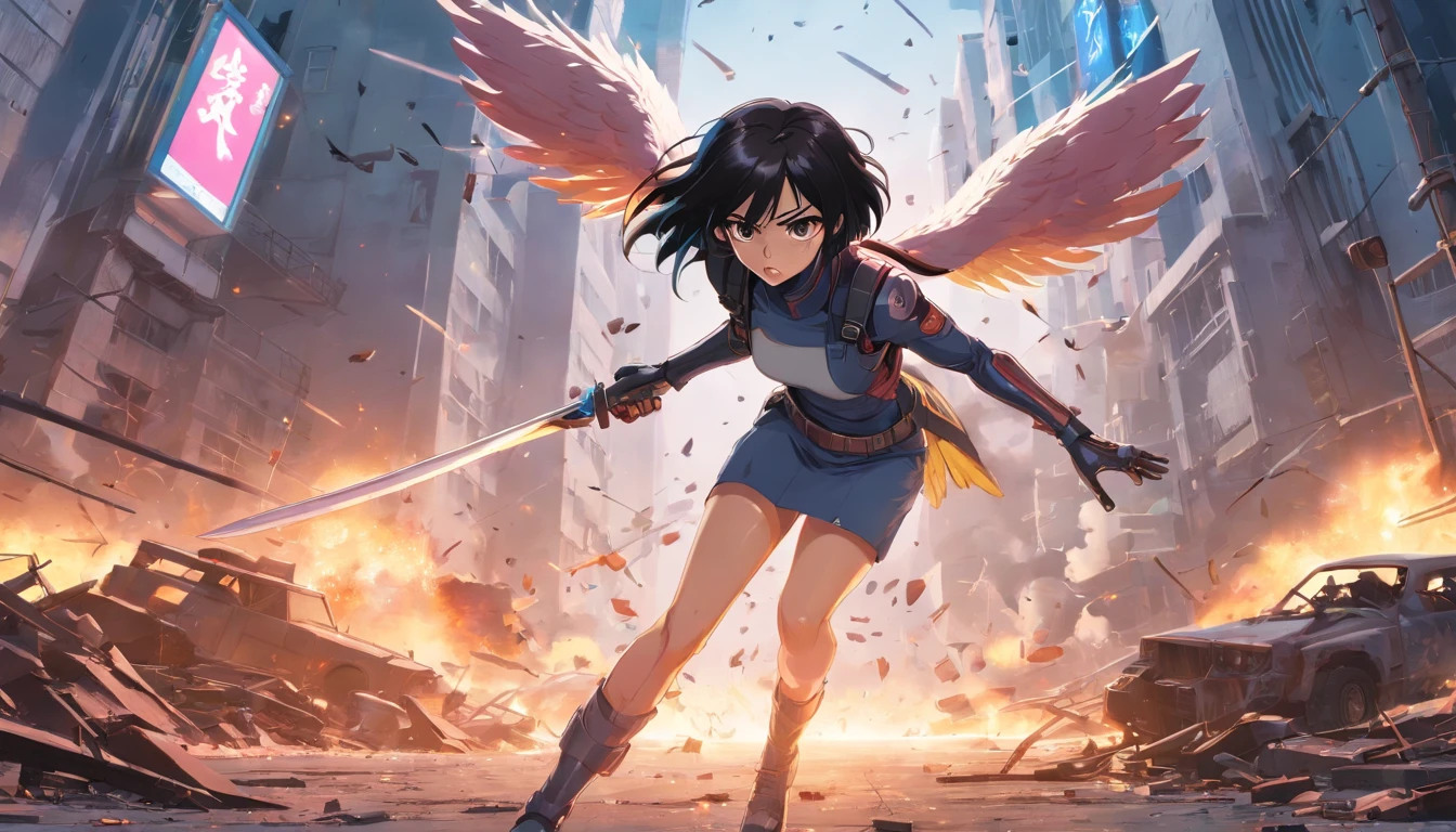 Battle Angel Alita in an apocalyptic scene, fighting valiantly, Torn clothes, blood, dramatic scene (very high detail:1.4) 8k, perfect, best quality, Best Artwork