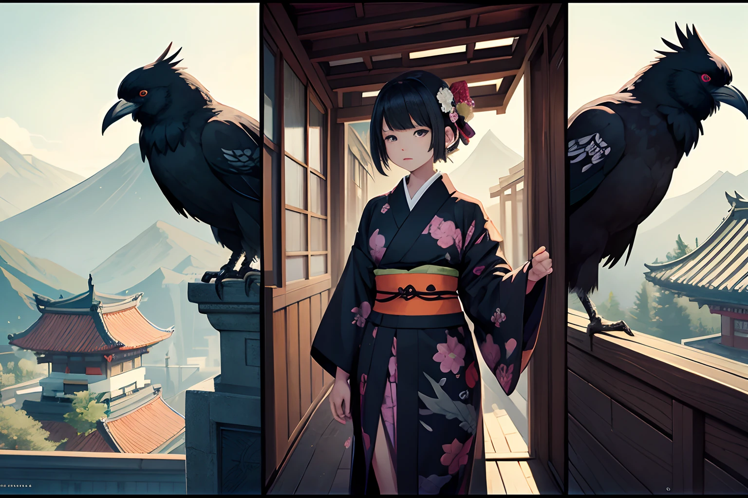 lo-fi graphic novel illustration, wildlife raven outfit the kimono, zen art inspired, on the temple roof, fused children's book style and dark fantasy style,