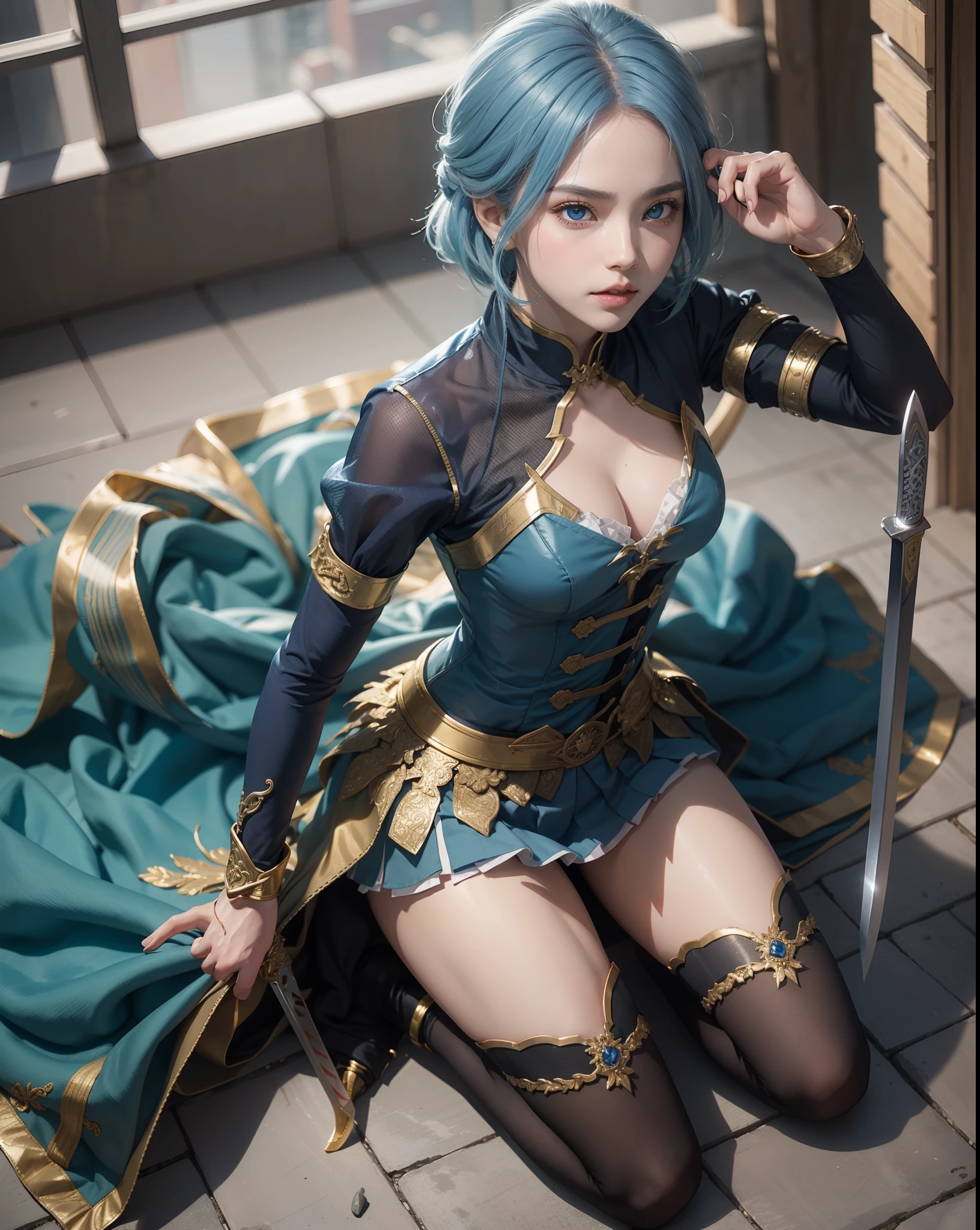 Kentei Academy Uniform、Swordsmanship Master、1Beautifulwoman、Kenjutsu Academy Uniform、,Blue hair,short-cut、skirt by the,Golden and blue eyes、Dynamism、Slow shutter、Angle from above the knee、Breasts are small and B size、A slender、Cleavage is visible。Paws are thin and beautiful,the skin is white and transparent,high-heels、Gold Anklet、Swordsman's stance