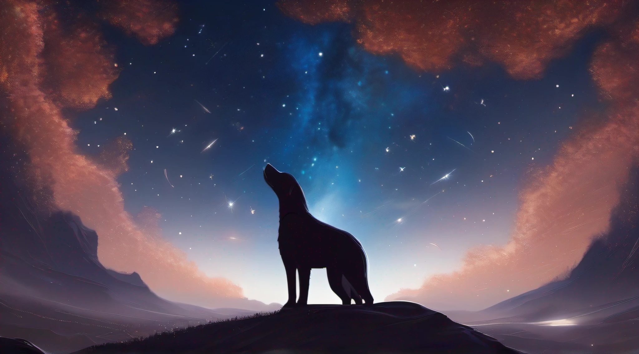 starry sky with a dog standing on a hill, breathtaking stars, in the universe. dna strand in the stars, highly realistic, looking up at the stars, starry sky 8 k, endless cosmos in the background, with stars, beautiful stars, watching the stars, epic fantasy sci fi illustration, stars in the distance, on a galaxy looking background, galaxy, by Alexander Kucharsky