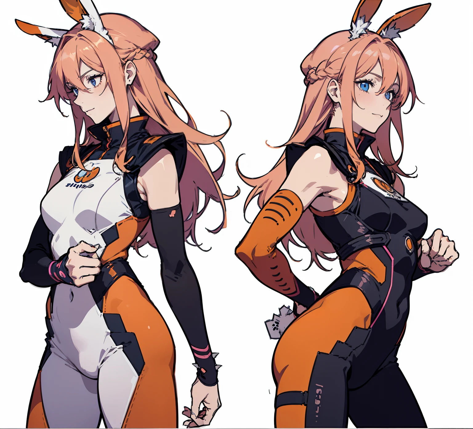 ((Best Quality)), ((Masterpiece)), ((Realistic)) tsuka kendou, 1woman, cute face, determined look, smile, long legs, full body, adult mature female (spiky orange-pink hair, (orange-pink mullet 1.1)), (very long hair), blue eyes, (white/yellow pupil,) hero, sleeveless blue spandex bodysuit, long orange-pink rabbit ears, desert oasis, tbcc illustration (((detailed character sheet, frontal view, side view, three quarter view))) (((white background))) 8 and a half heads full body