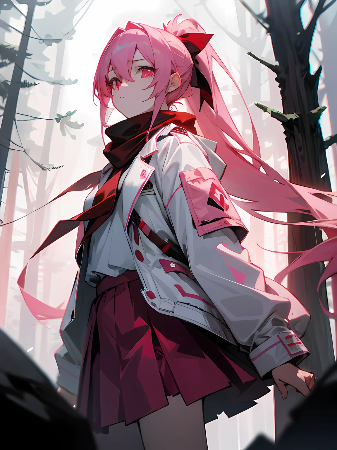 1girl, long pink hair, ponytail, pink eyes, wearing white jacket, wearing red ribbon as a scarf, red skirt, emotionless, forest at night, absurdres, high res, ultrasharp, 8k, masterpiece