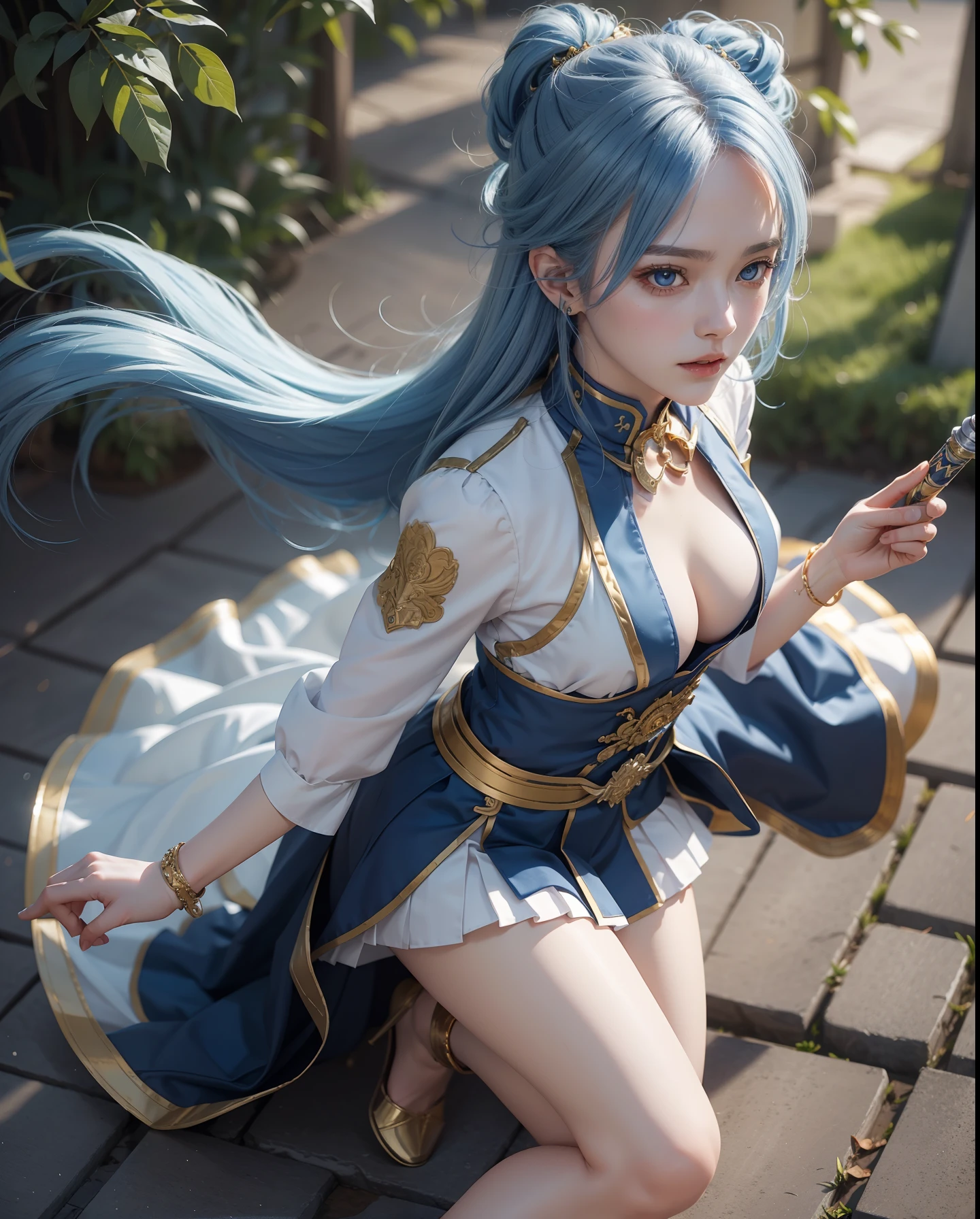 Kentei Academy Uniform、Swordsmanship Master、1Beautifulwoman、Kenjutsu Academy Uniform、,Blue hair,short-cut、skirt by the,Golden and blue eyes、Dynamism、Slow shutter、Angle from above the knee、Breasts are small and B size、A slender、Cleavage is visible。legs are thin and beautiful,the skin is white and transparent,high-heels、Gold Anklet、Swordsman's stance