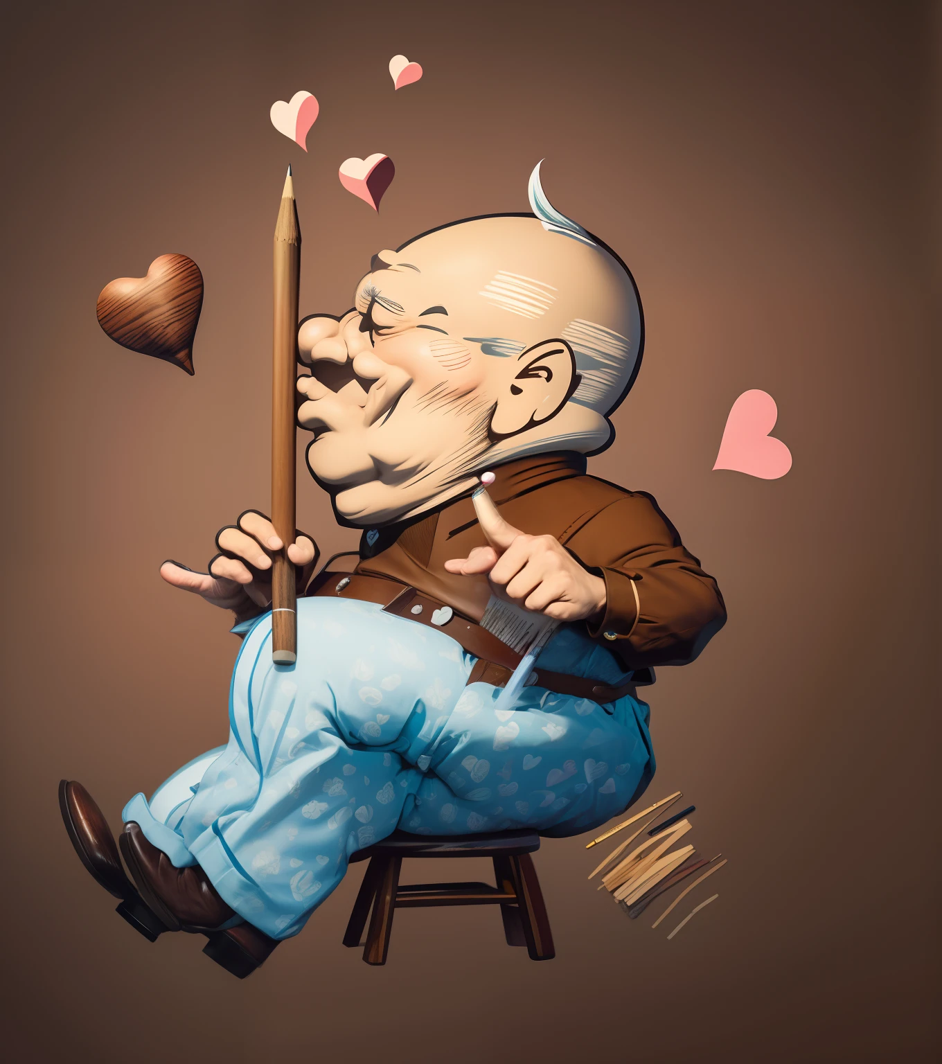 Caricature of an old man sitting on a wooden stool holding a huge pencil and kissing it, Around Floating Hearts
