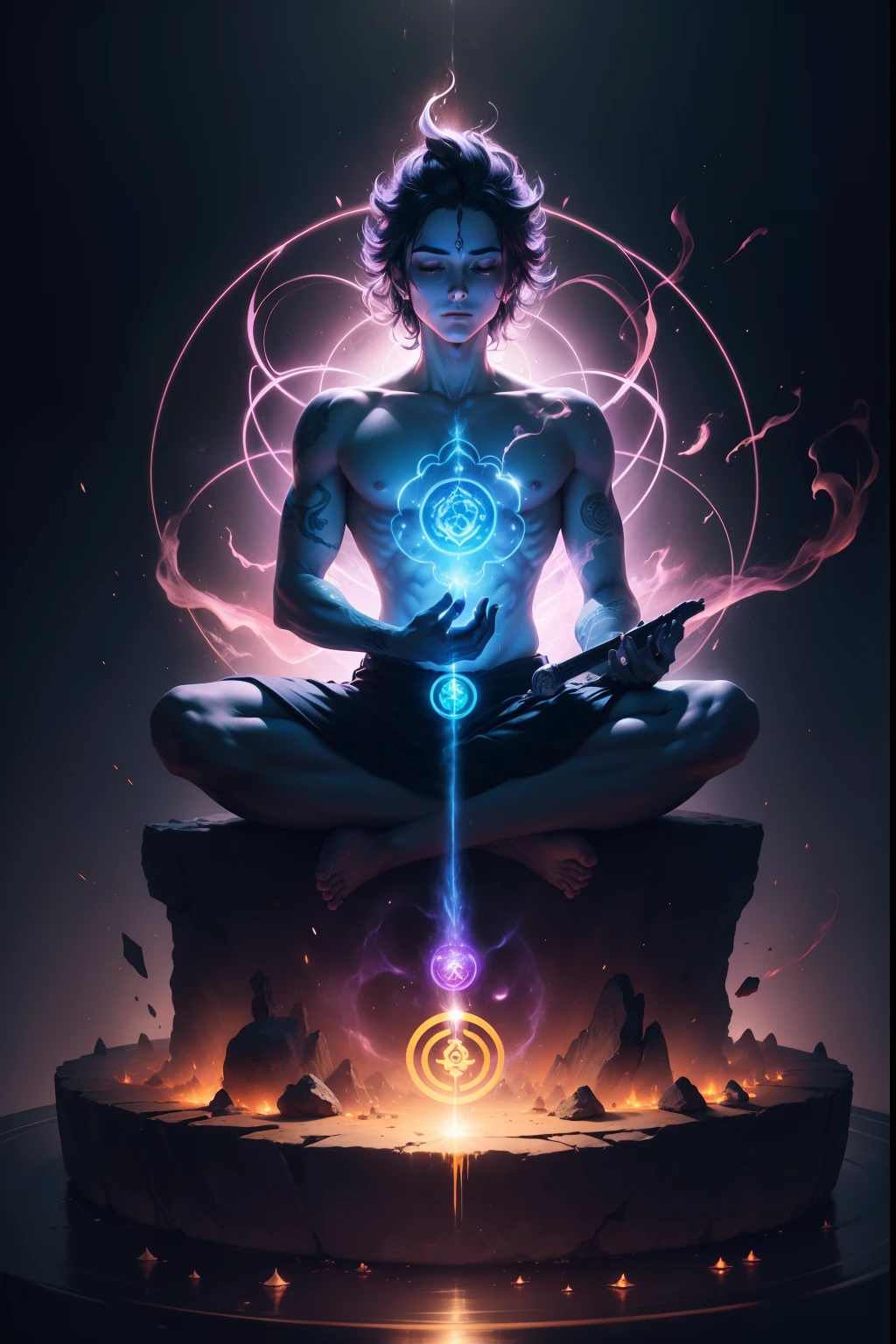 Awake man sitting meditating in the world of the 5th dimension, meditando em meio ao caos,  character render, ultra high quality model, ethereal background, beleza abstrata, explosive volumetric, oil painting, heavy strokes, gotejamento de tinta, 1 homem, magic lighting, lighting lighting, Buda, swastika symbol, nirvana, 7 chakras, Rosto iluminado, cara feliz, peaceful face,