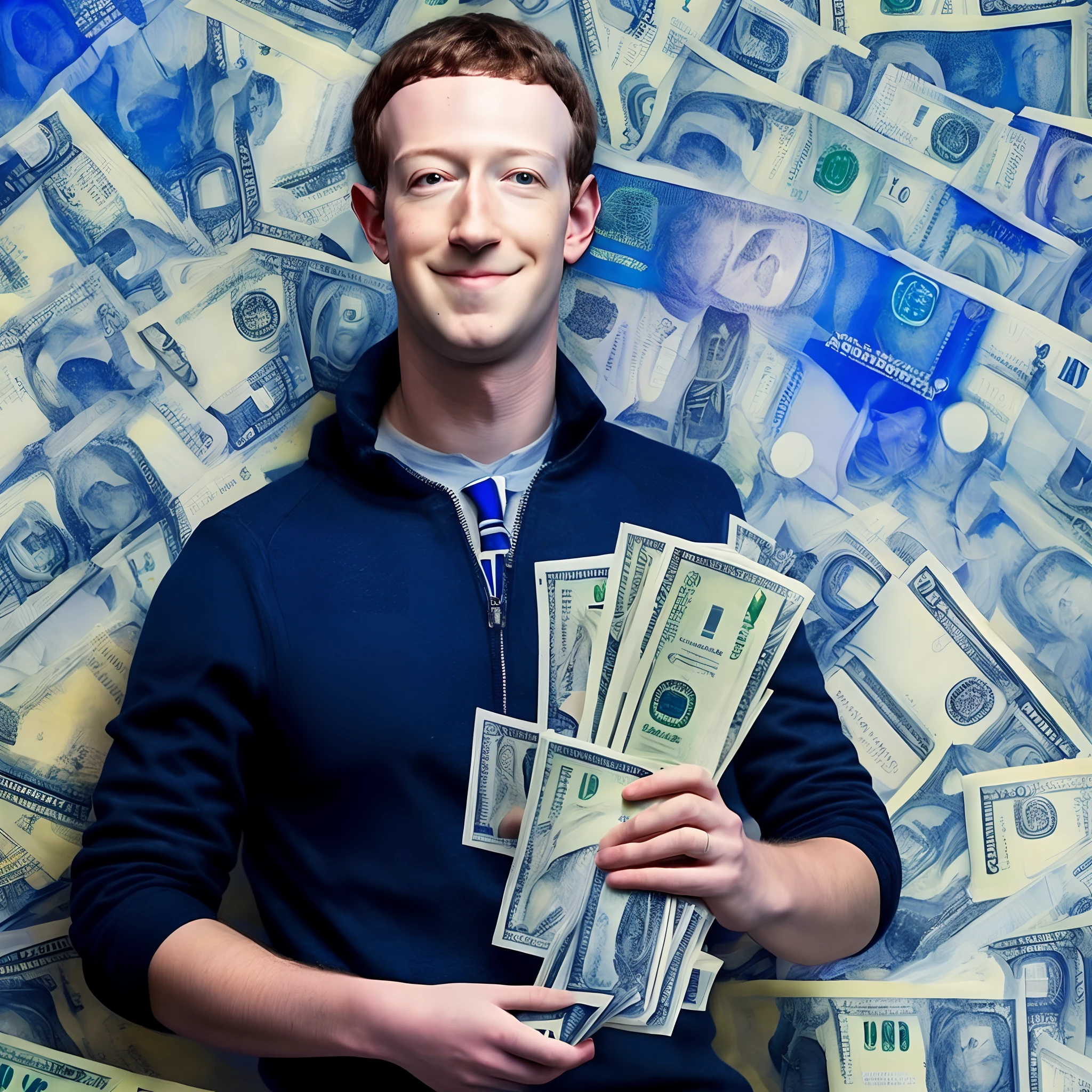 Award-winning photo of Mark Zuckerberg holding cash in hand, olhos olhando para direita (Bokeh: 0,7), side-lighting, Telefoto, fora, tochas, atmosfera arenosa, exterior noturno de rua, detalhes realistas e textura de pele real, roupa azul, Money in your hands